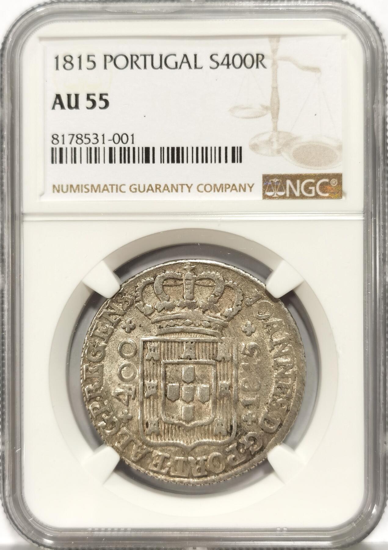 【麦稀奇世界钱币展】博洋堂“流萤染夏”六月精品专场暨第081期（全场包邮） NGC AU55 葡萄牙1815年400瑞思十字银币 葡萄牙当时最大面值的银币 延续百年的十字设计 原状态包浆