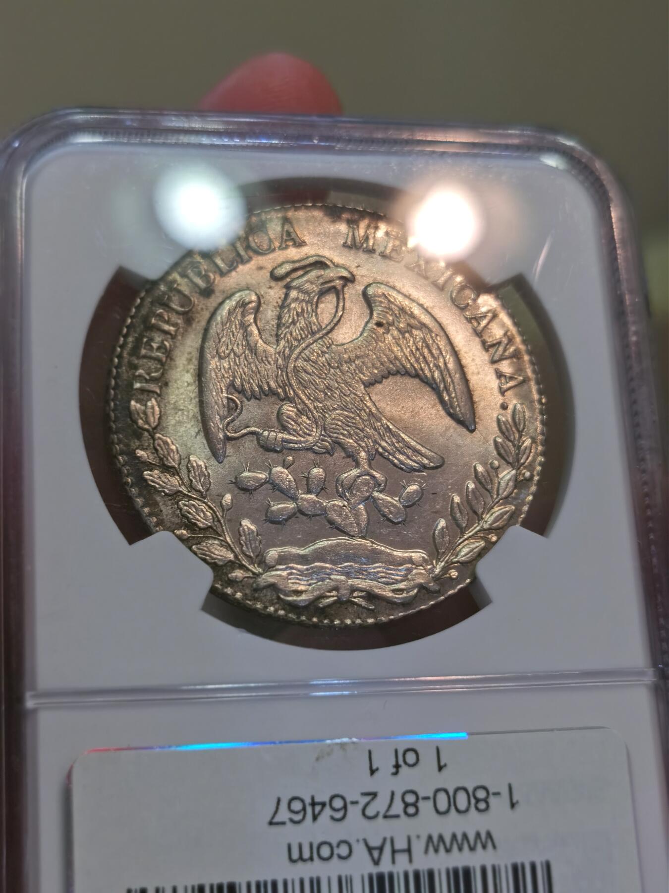 【麦稀奇世界钱币展】博洋堂“流萤染夏”六月精品专场暨第081期（全场包邮） NGC MS62 墨西哥1869年MO CH版花边鹰洋 中期鹰洋 原味深打