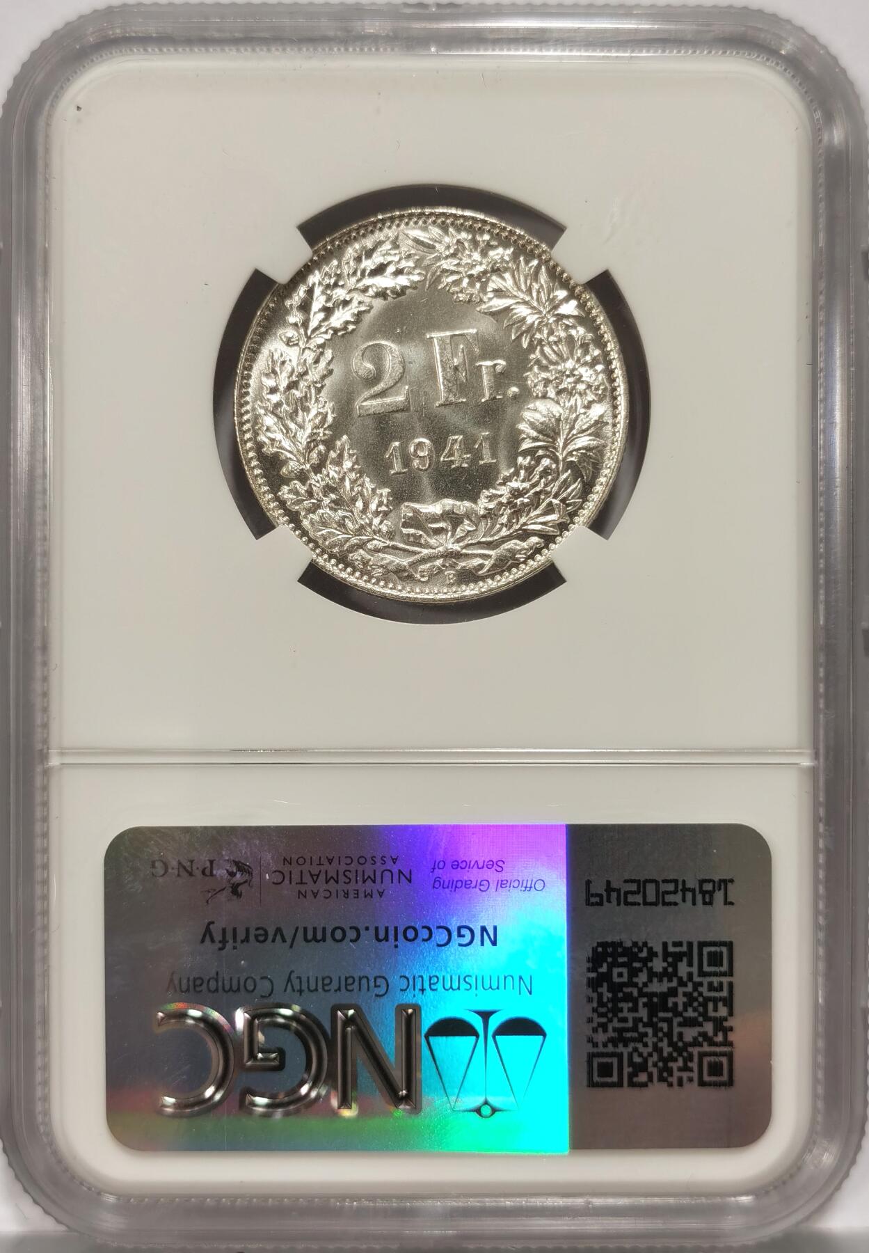 【麦稀奇世界钱币展】博洋堂“流萤染夏”六月精品专场暨第081期（全场包邮） NGC MS66 瑞士1941年2法郎银币，赫尔维蒂娅女神，早期年份高分极其少见！