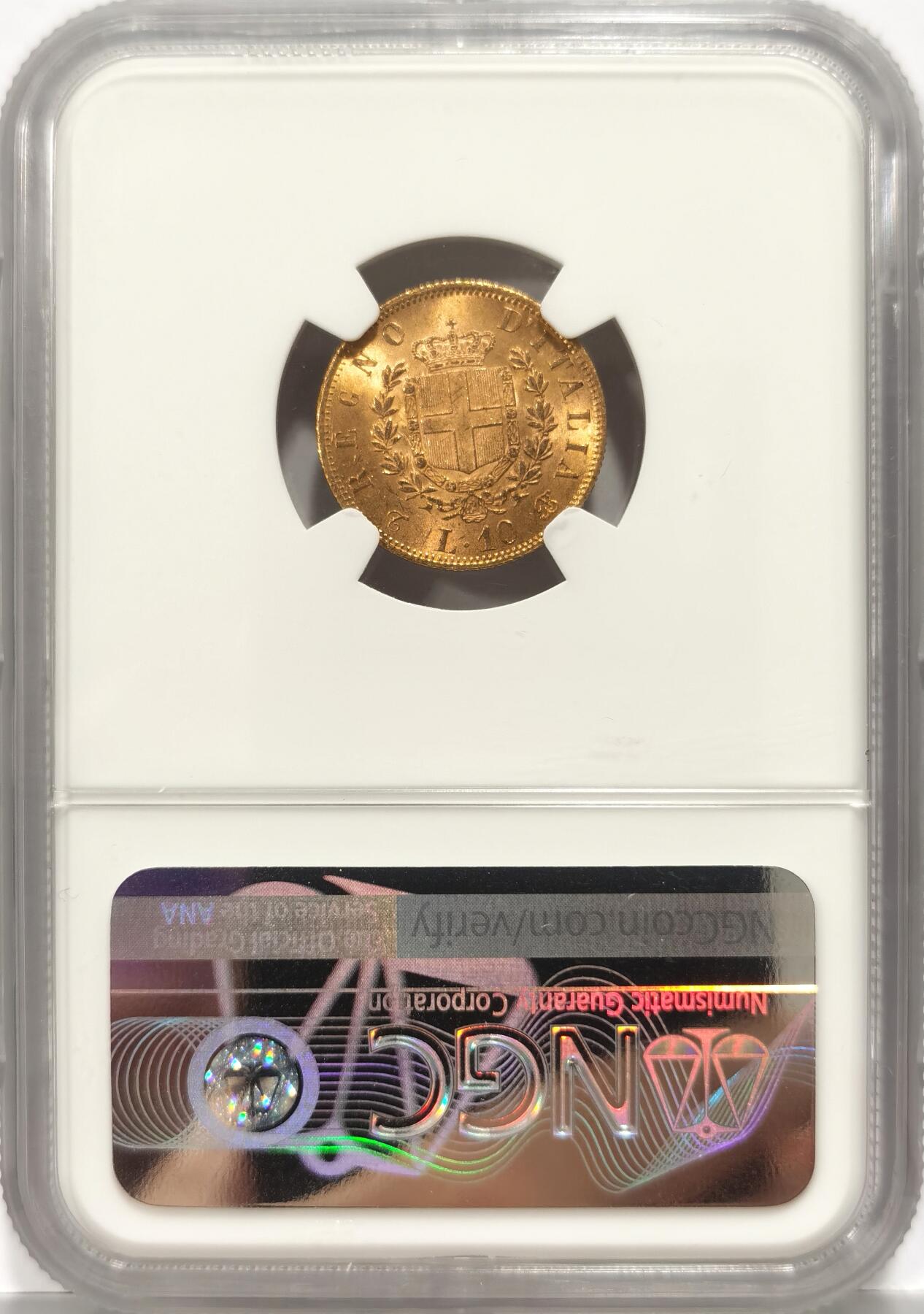 【麦稀奇世界钱币展】博洋堂“流萤染夏”六月精品专场暨第081期（全场包邮） NGC MS63 1863年意大利10里拉金币，ngc欧洲本土评级特殊标签，10里拉少见高分，上月底泓盛有枚同年份同分者含佣3680元成交，重点关注品种