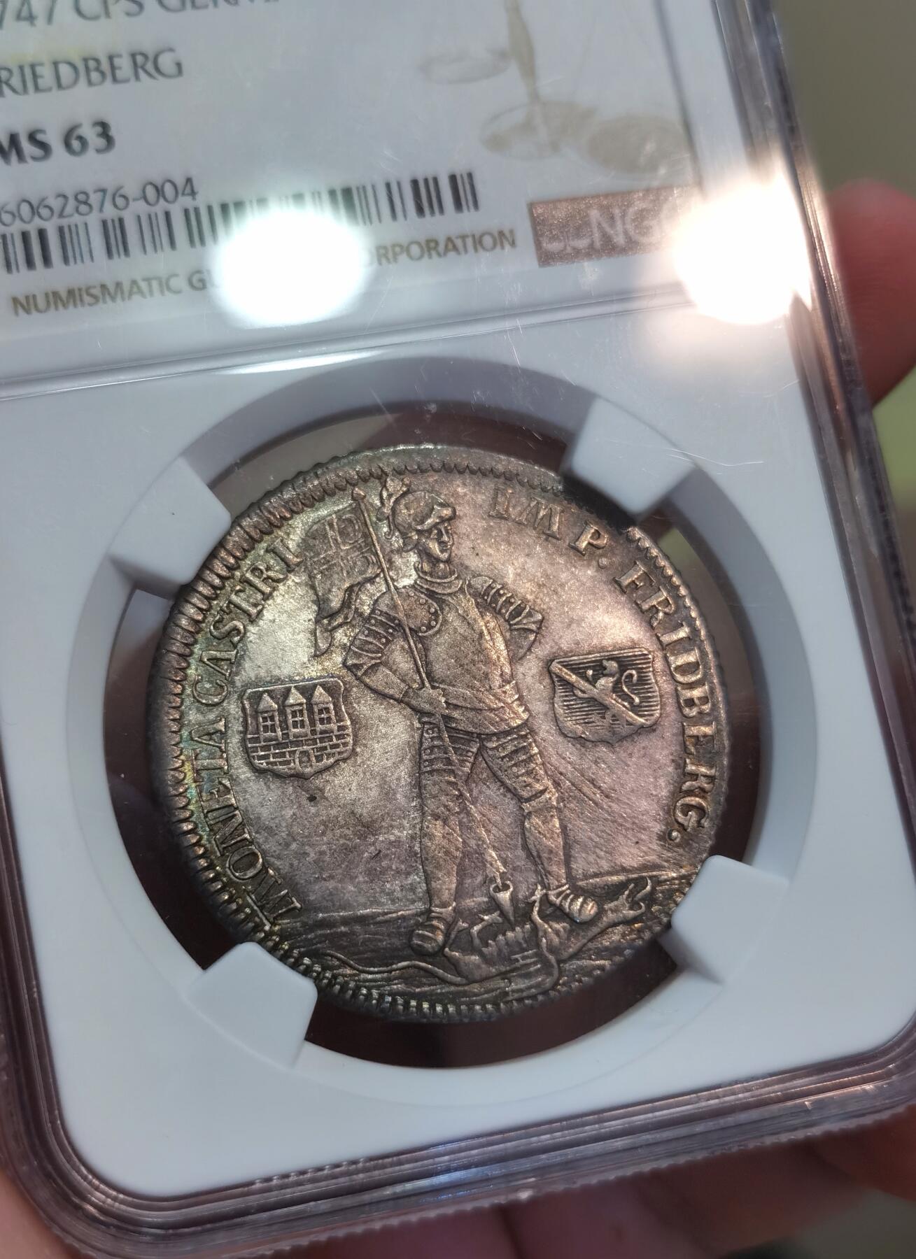 【麦稀奇世界钱币展】博洋堂“流萤染夏”六月精品专场暨第081期（全场包邮） NGC MS63 1747年德国弗里德贝格约翰.艾特三世2/3泰勒，弗里德贝格发行的泰勒不多，银币里的武士圣乔治脚踏恶龙来自圣经里的故事