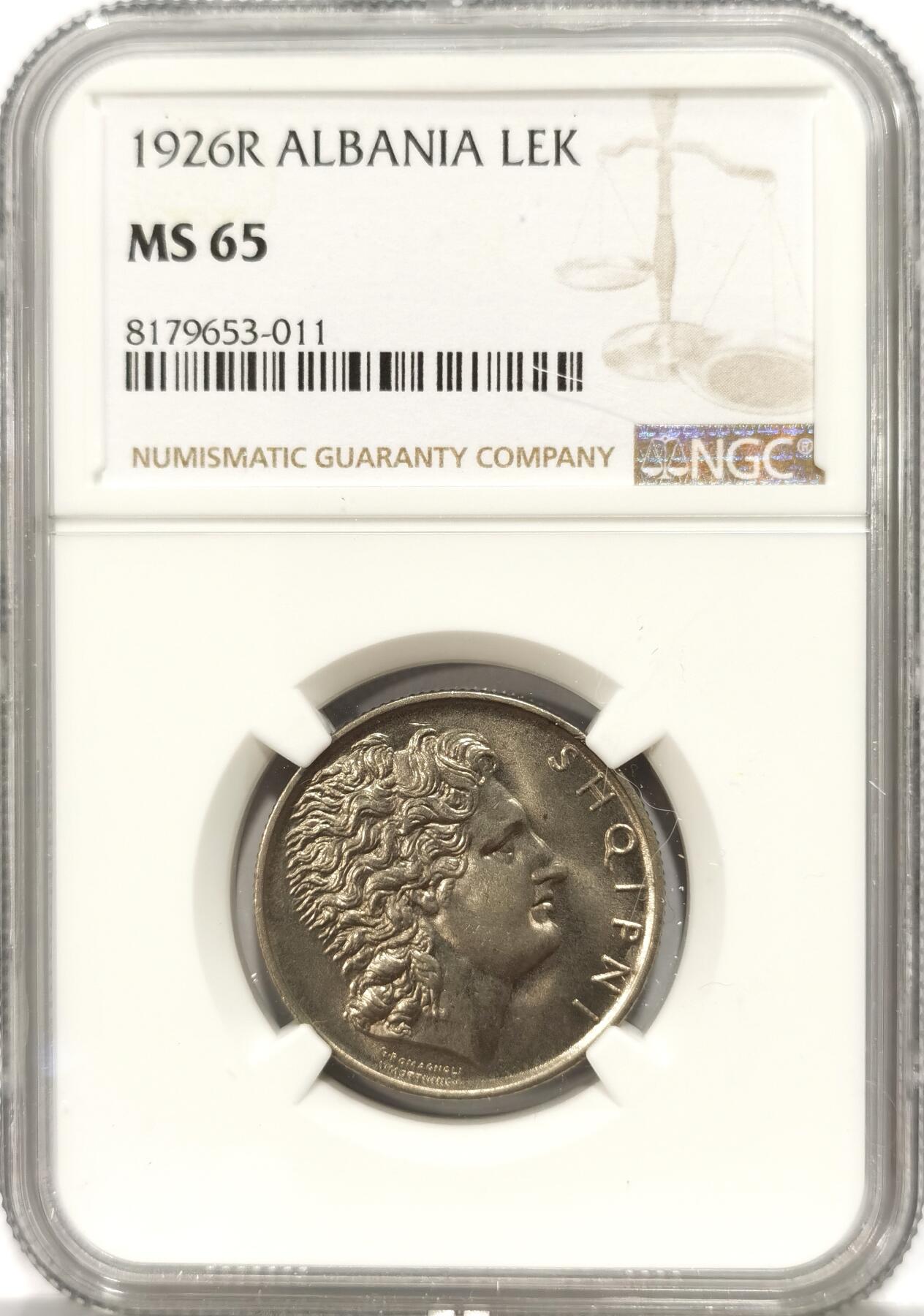 【麦稀奇世界钱币展】博洋堂“流萤染夏”六月精品专场暨第081期（全场包邮） NGC MS65 阿尔巴尼亚1926年1列克 人物形象刚劲有力 发丝分明 满满的意属钱币设计 罗马造