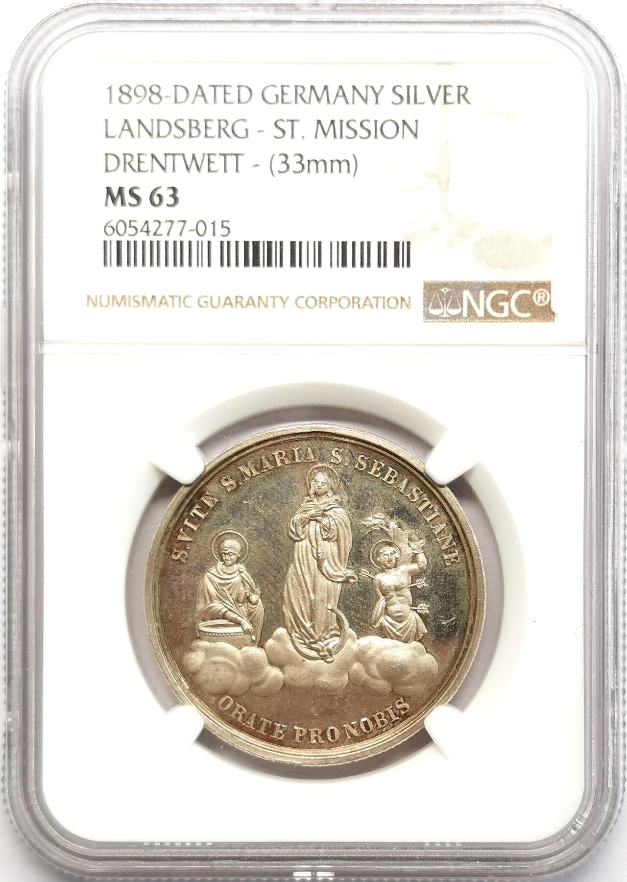 凡希社世界钱币微拍第二百七十三期 1898德国兰茲贝格城市景观与圣塞巴斯蒂安银章NGC-MS63，雕模极其精美，名家作品！