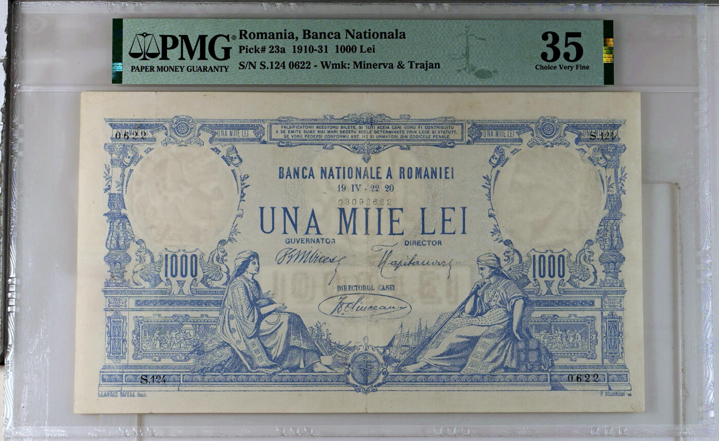 【Blue Auction】✨世界纸币精拍第492期【精】  【无47 该套最高值罕见珍品】罗马尼亚早期 1910-31年1000雷 超大票幅 双水印 PMG35 