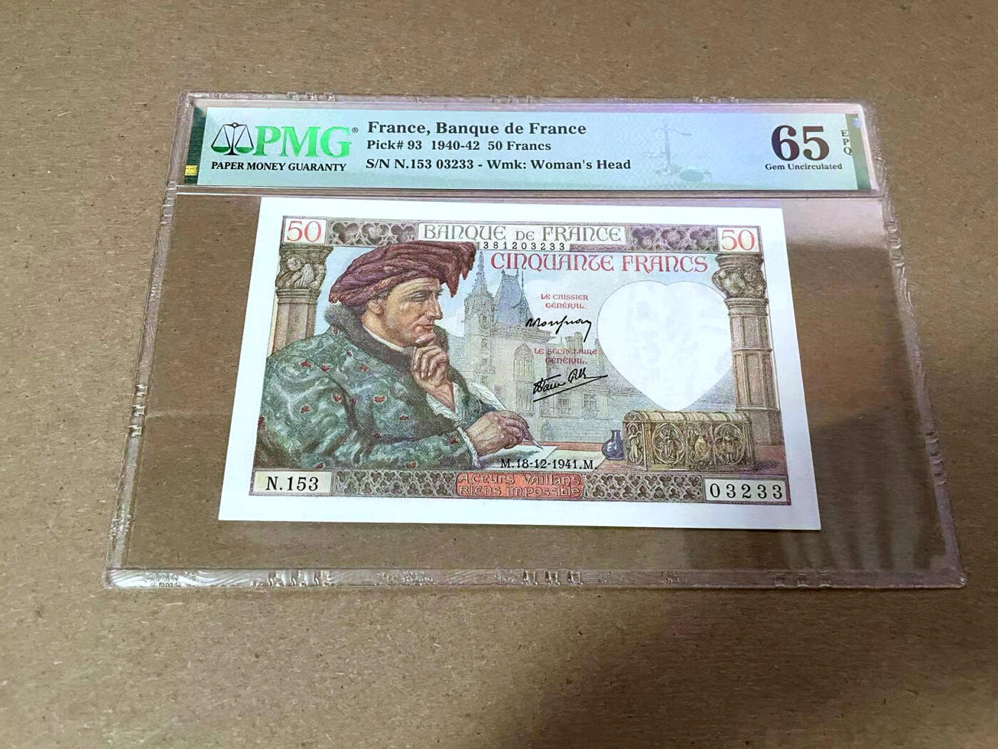 【Blue Auction】✨世界纸币精拍第492期【精】 【无47】法国 1941年50法郎 PMG65EPQ 