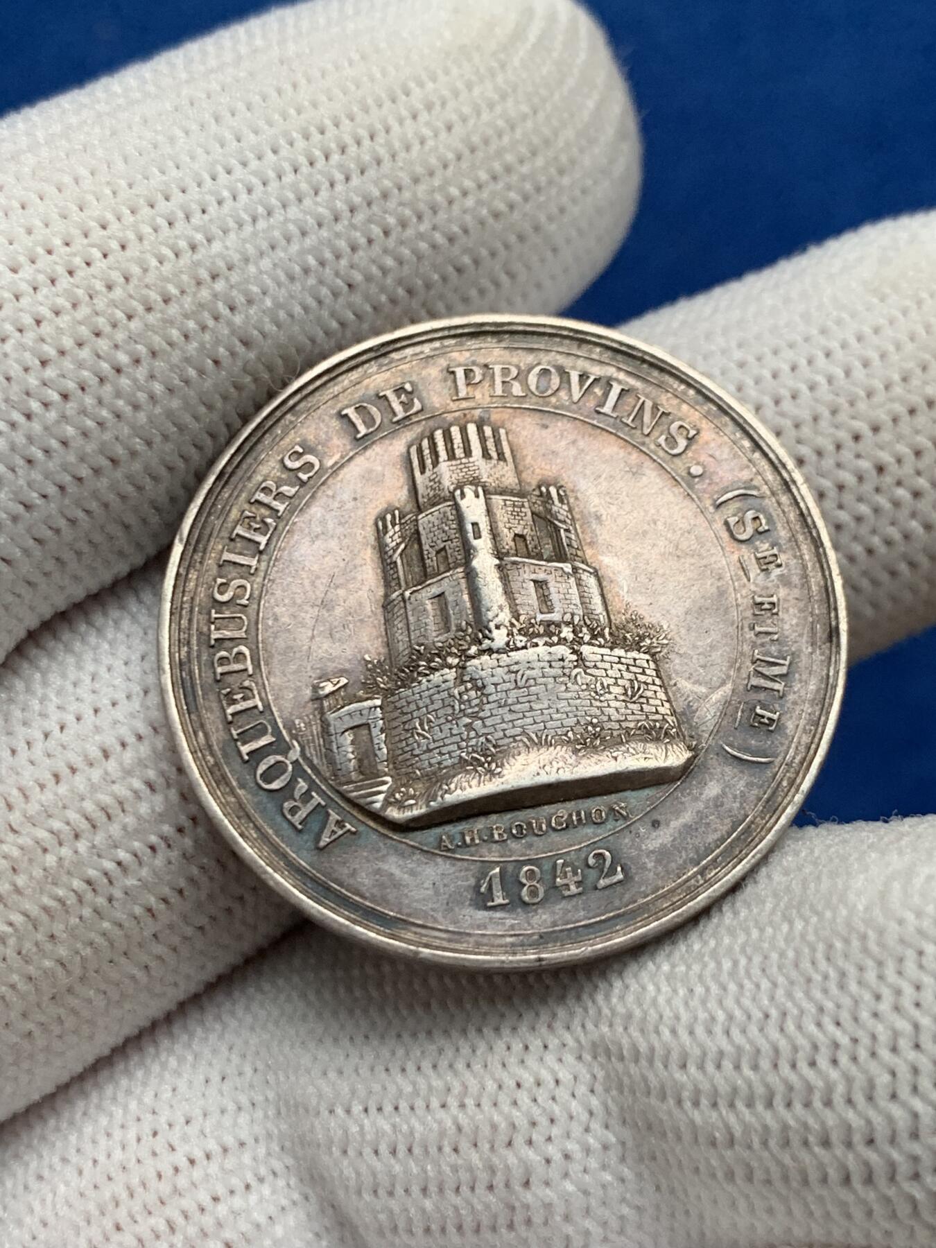 《竞宝斋》第281场- 周日，周一 ，周二3场连拍 （全场包邮） 法国银质代币，普罗旺斯庄园射击纪念，30mm，11克，早期船首+AREGNT边铭