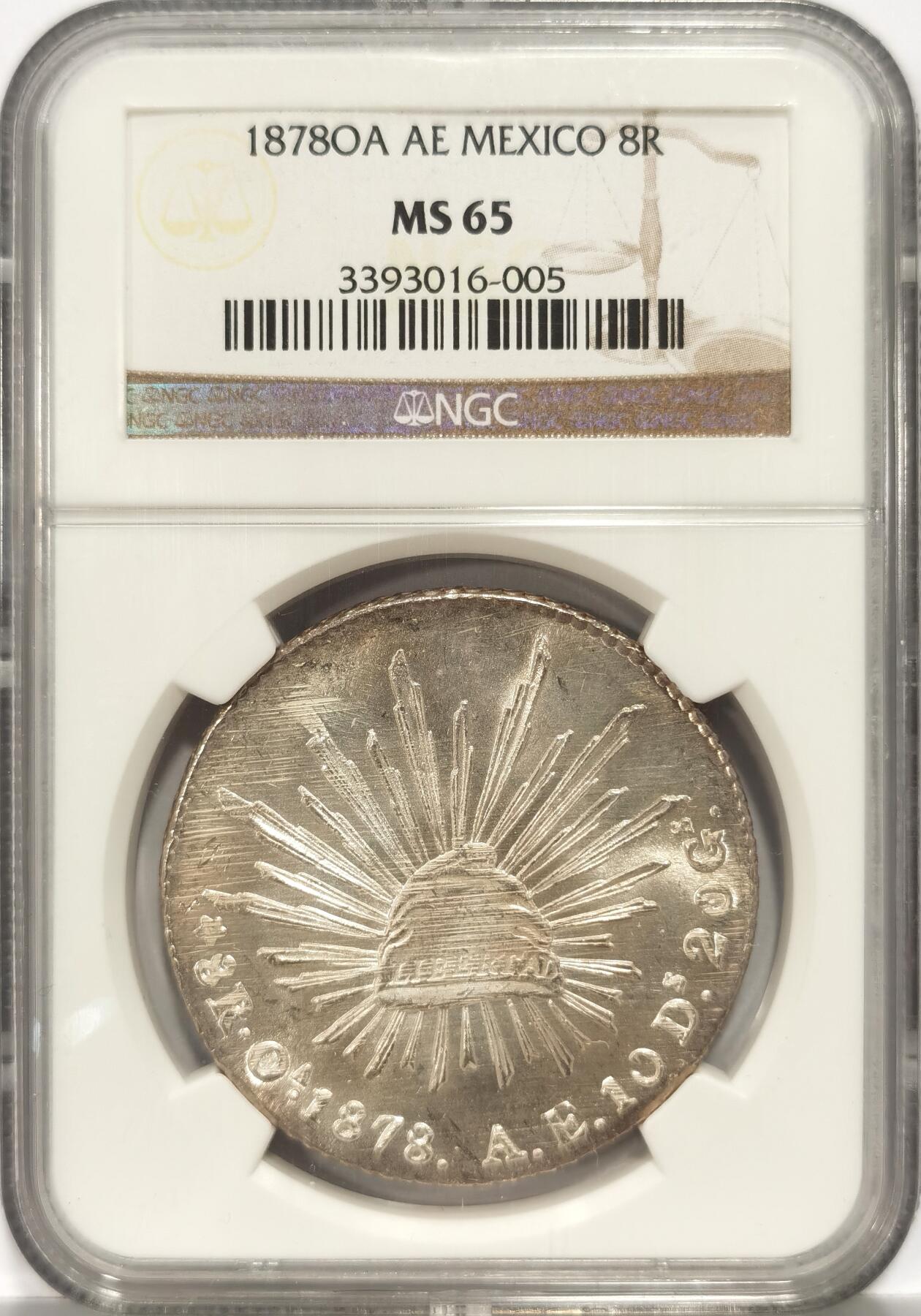 【麦稀奇世界钱币展】博洋堂“流萤染夏”六月精品专场暨第081期（全场包邮） NGC MS65 冠军分！名誉O厂墨西哥1878年OA AE花边鹰洋8R