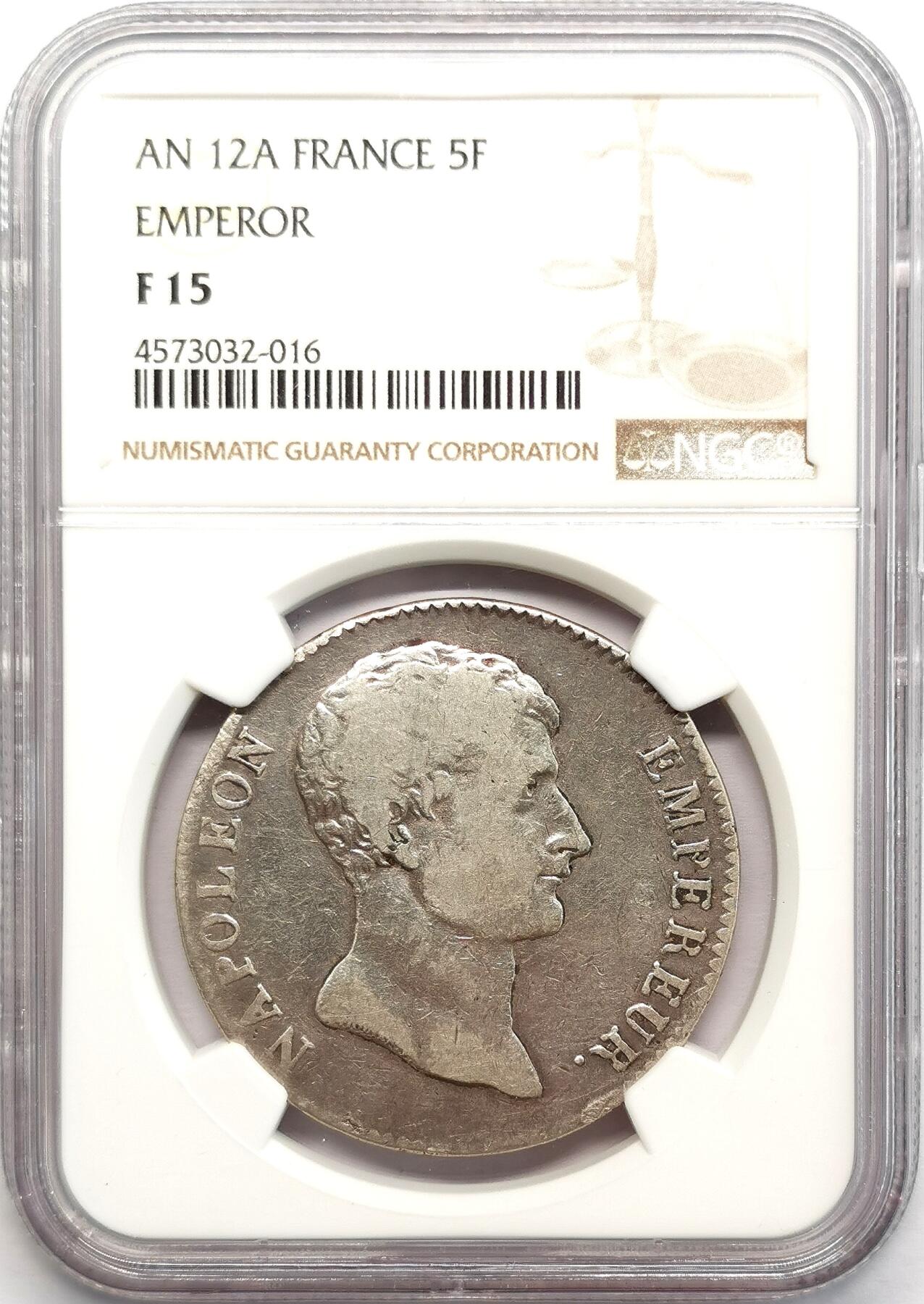 凡希社世界钱币微拍第二百七十三期 共和12年法国拿破仑皇帝版5法郎NGC-F15