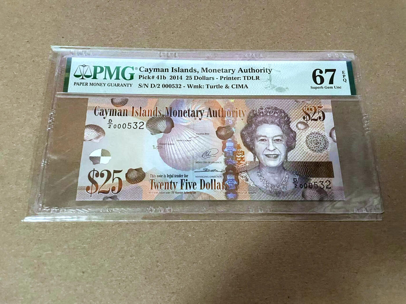 【Blue Auction】✨世界纸币精拍第492期【精】 【532小号】开曼群岛 2014年25元 PMG67EPQ 高分 女王