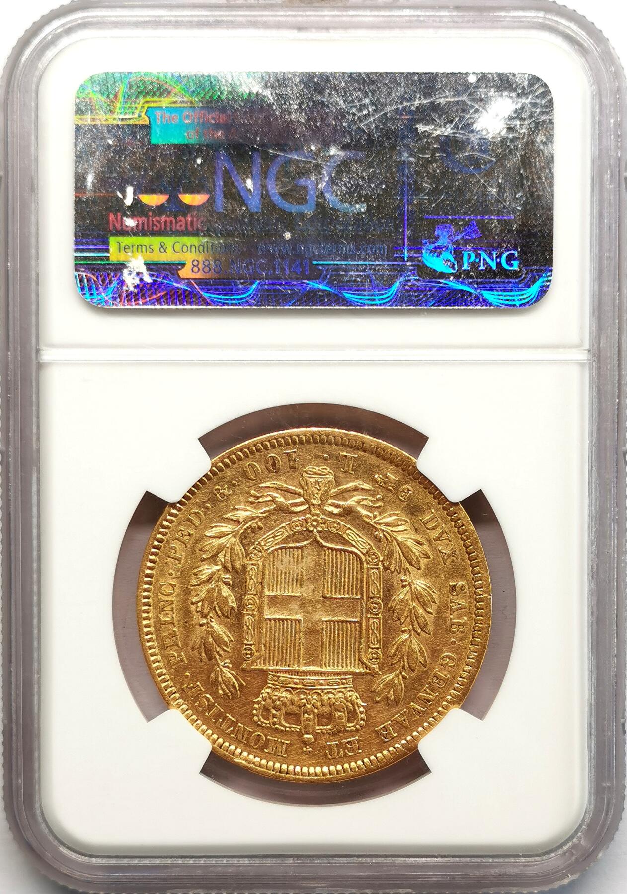 凡希社世界钱币微拍第二百七十三期 1835E萨丁王国100里拉大金NGC-AU53，32.25g，900金，相当稀见的金币品种！