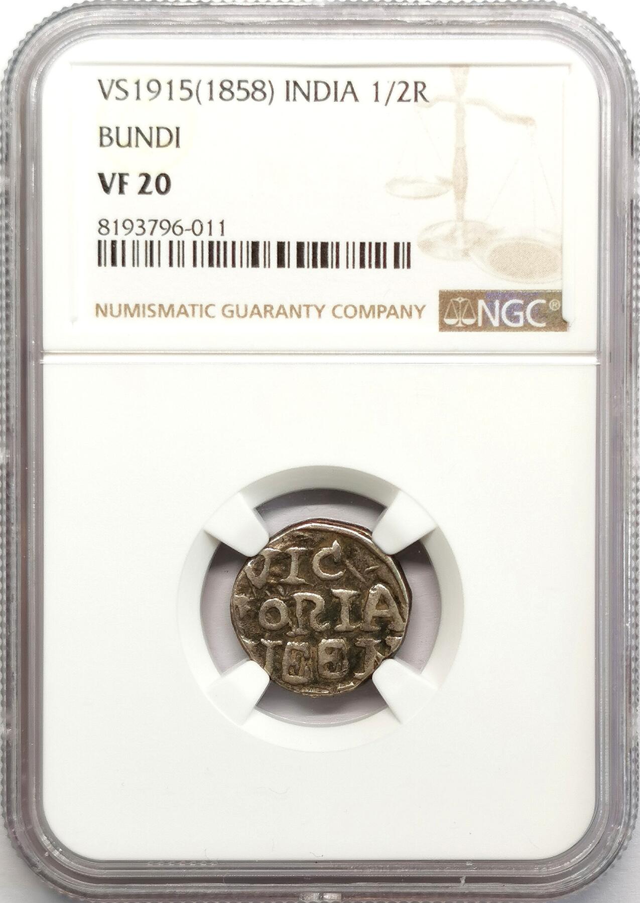 凡希社世界钱币微拍第二百七十三期 1858印度本迪1/2卢比NGC-VF20