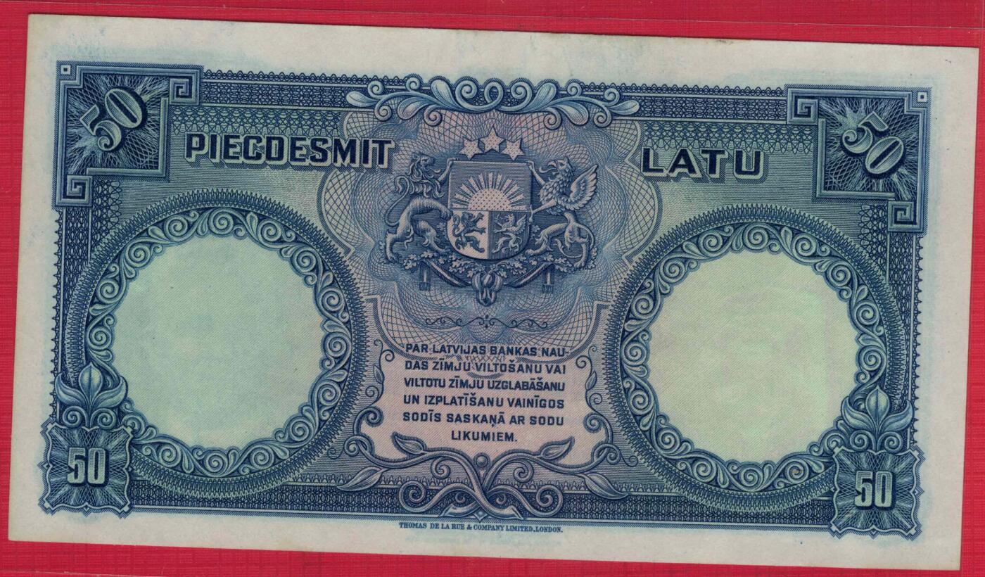 拉脱维亚(拉托维亚)1934年50拉特 无4 尾8 紫光微潮 实物图 UNC-