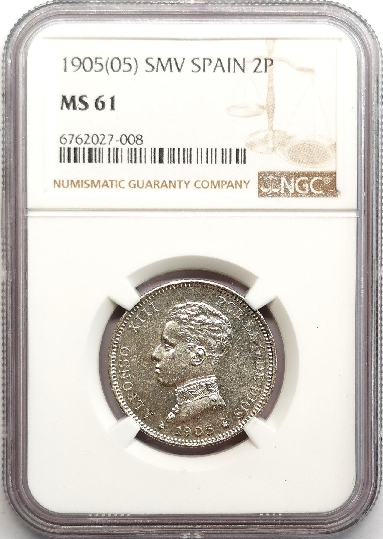 凡希社世界钱币微拍第二百七十三期 1905西班牙阿丰索十三世2P银币NGC-MS61