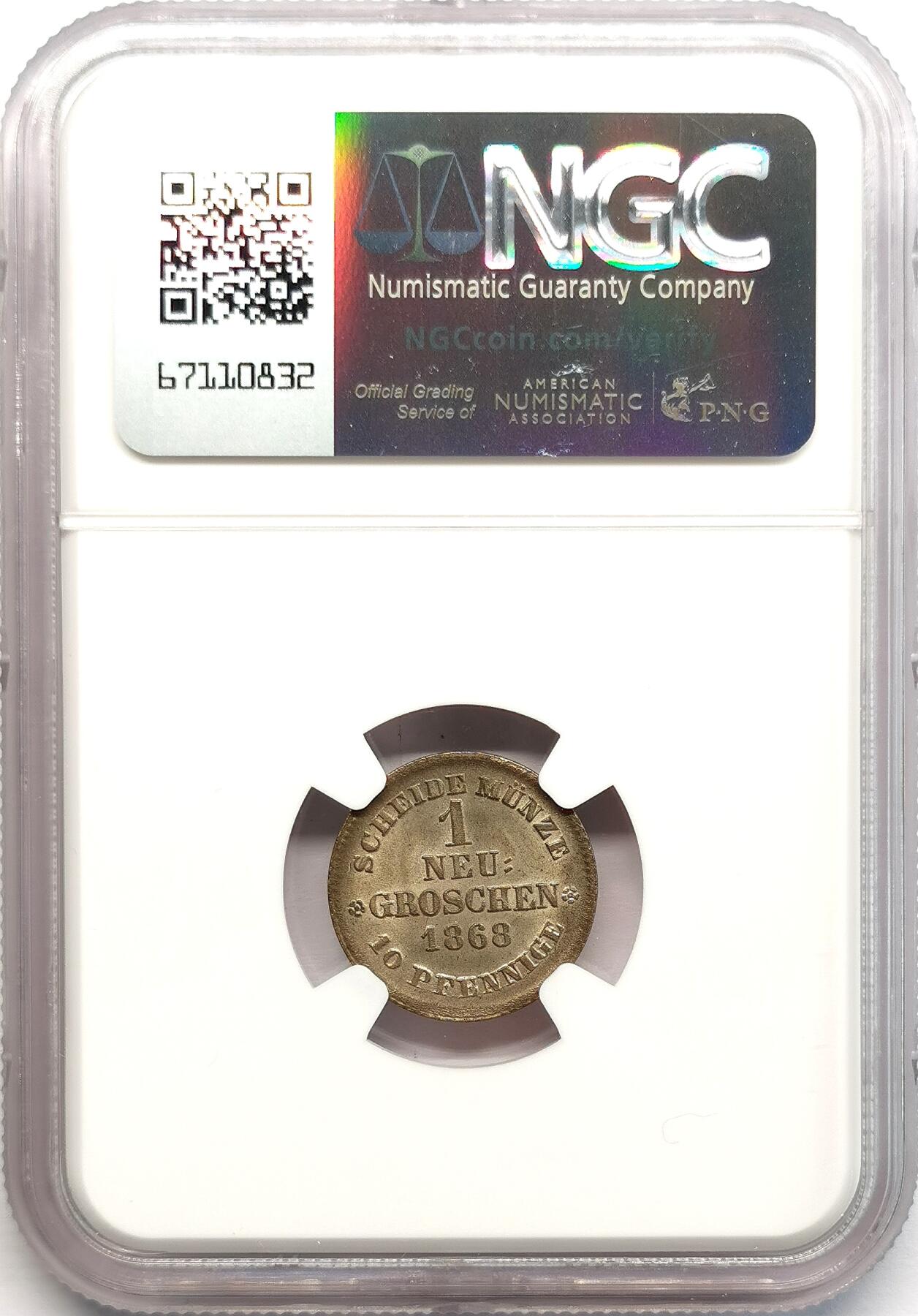 凡希社世界钱币微拍第二百七十三期 1868B德国萨克森头像版1NG银辅币NGC-MS65高分顶级品！