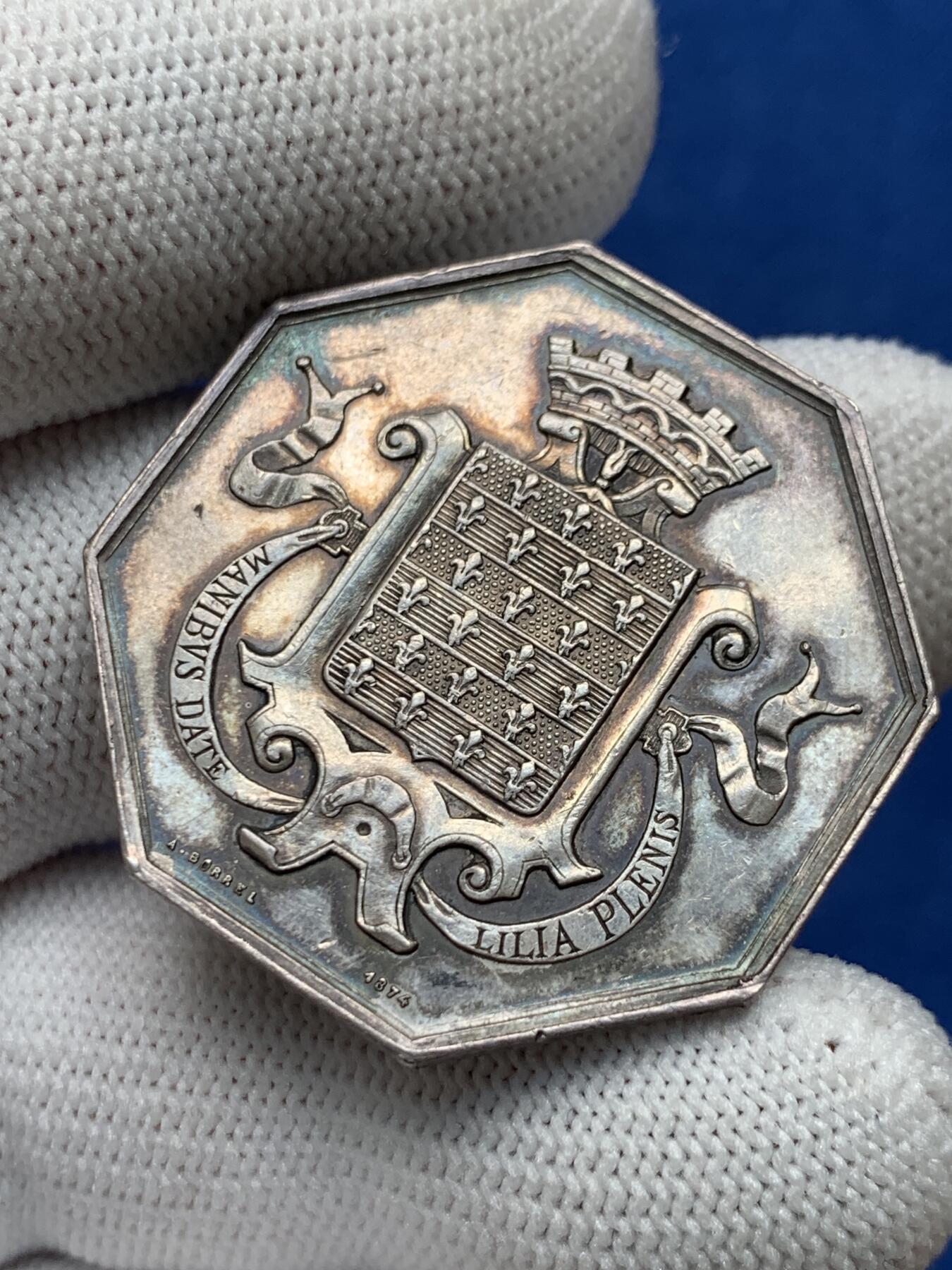 《竞宝斋》第281场- 周日，周一 ，周二3场连拍 （全场包邮） 法国博根西储蓄银行八角银jeton，34mm，14.1克，丰饶角+ARGENT边铭