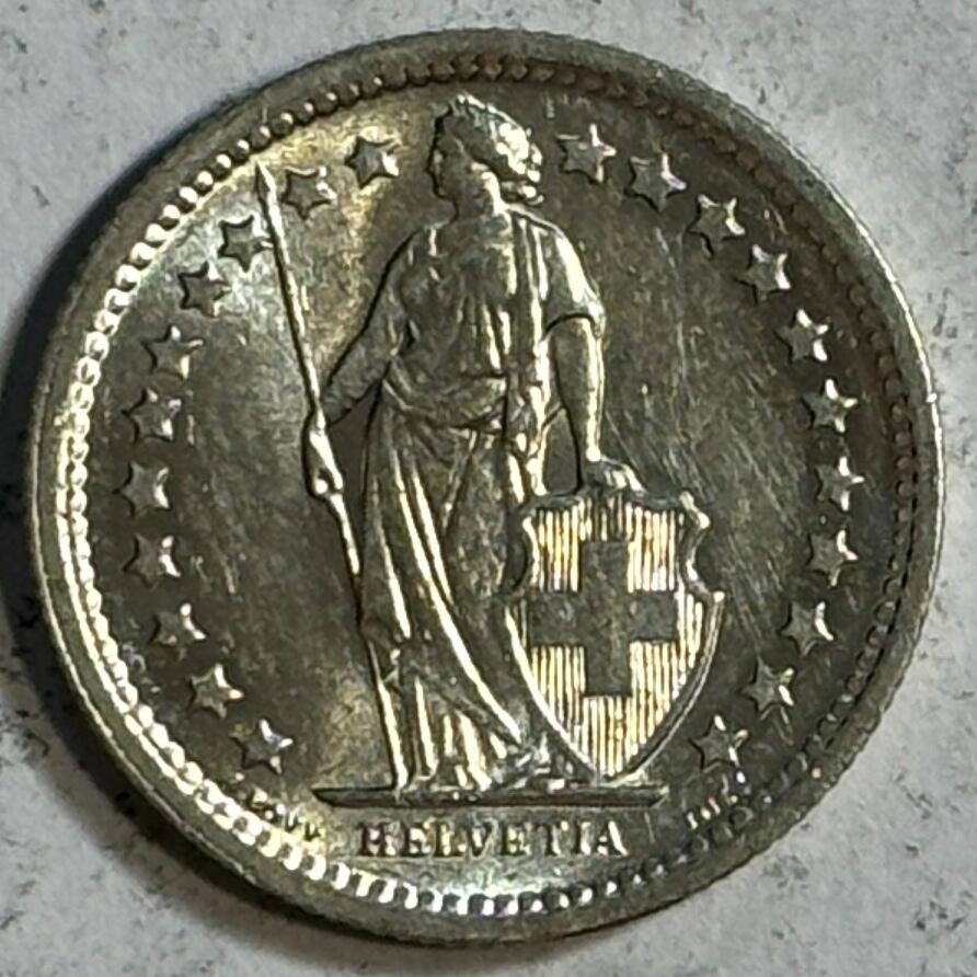 紫瑗钱币——第384期拍卖 瑞士 1967年 B版 赫尔维蒂女神 1/2法郎 2.5克 0.835银 UNC