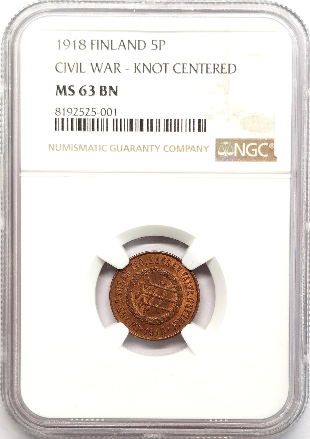 凡希社世界钱币微拍第二百七十三期 1918芬兰内战小喇叭5盆尼NGC-MS63铜光极佳！