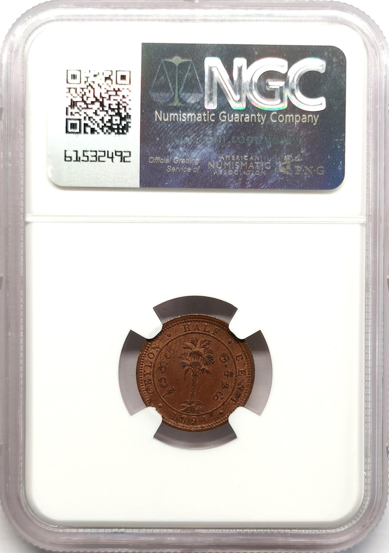 凡希社世界钱币微拍第二百七十三期 1891英属锡兰小维1/2分NGC-MS61