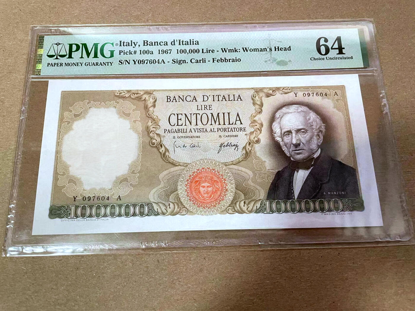 【Blue Auction】✨世界纸币精拍第492期【精】    【初版】意大利 1967年10万里拉 经典曼左尼 PMG64 