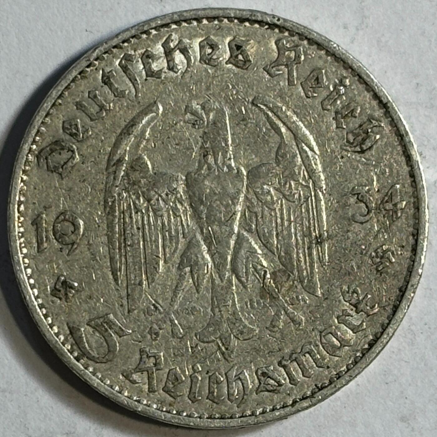 紫瑗钱币——第384期拍卖 德国 1934年 G版 波茨坦教堂 5马克 13.9克 0.9银