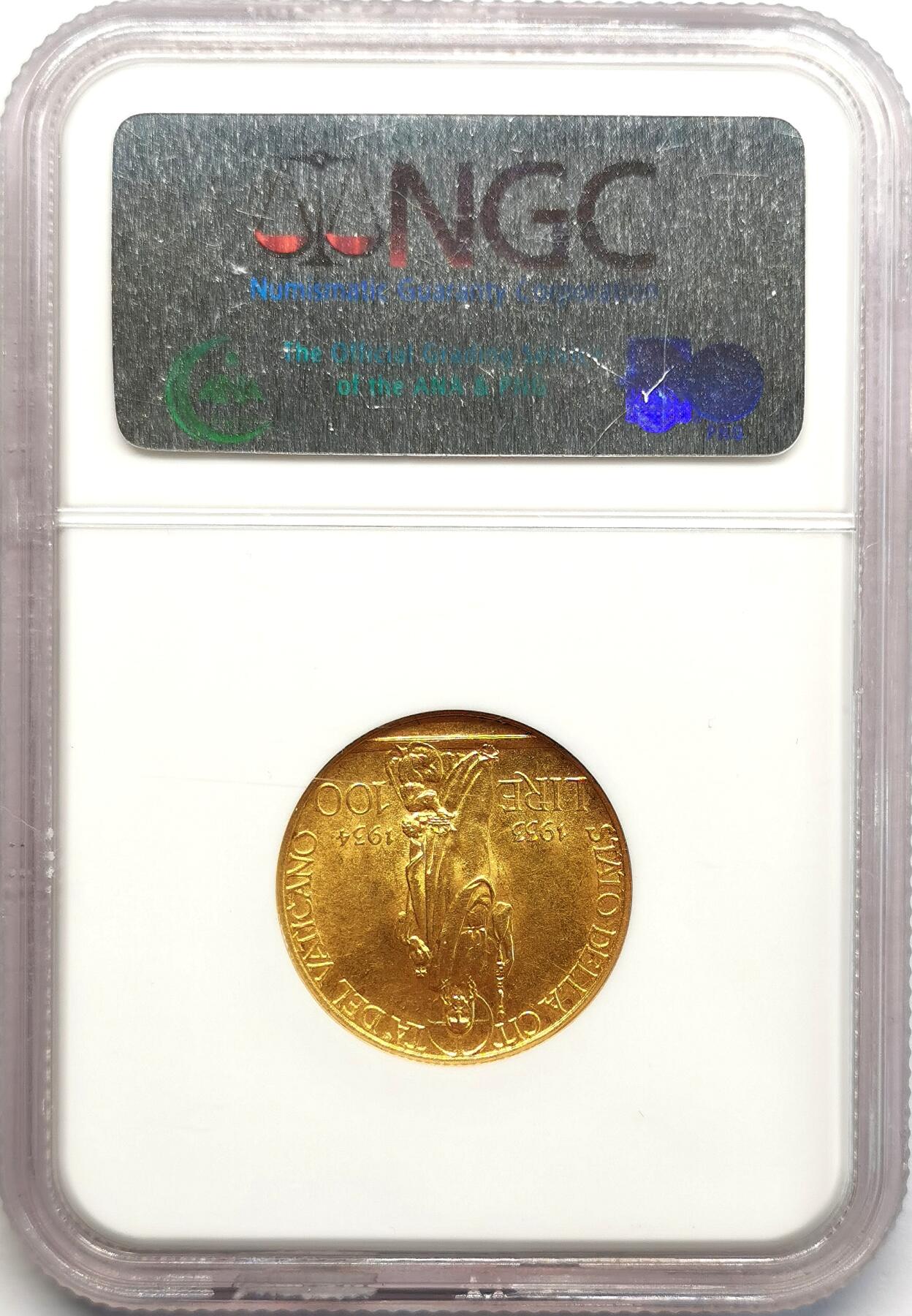 凡希社世界钱币微拍第二百七十三期 1933-34梵蒂冈教宗庇护十一世100里拉金币NGC-MS63，8.8g，900金，稀少的一年型品种！