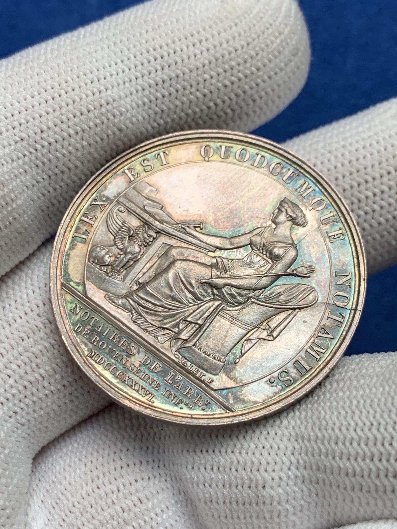 《竞宝斋》第281场- 周日，周一 ，周二3场连拍 （全场包邮） 法国银质jeton，菲利普一世头像鲁昂公证人，19.02g，35.3mm，神灯边铭