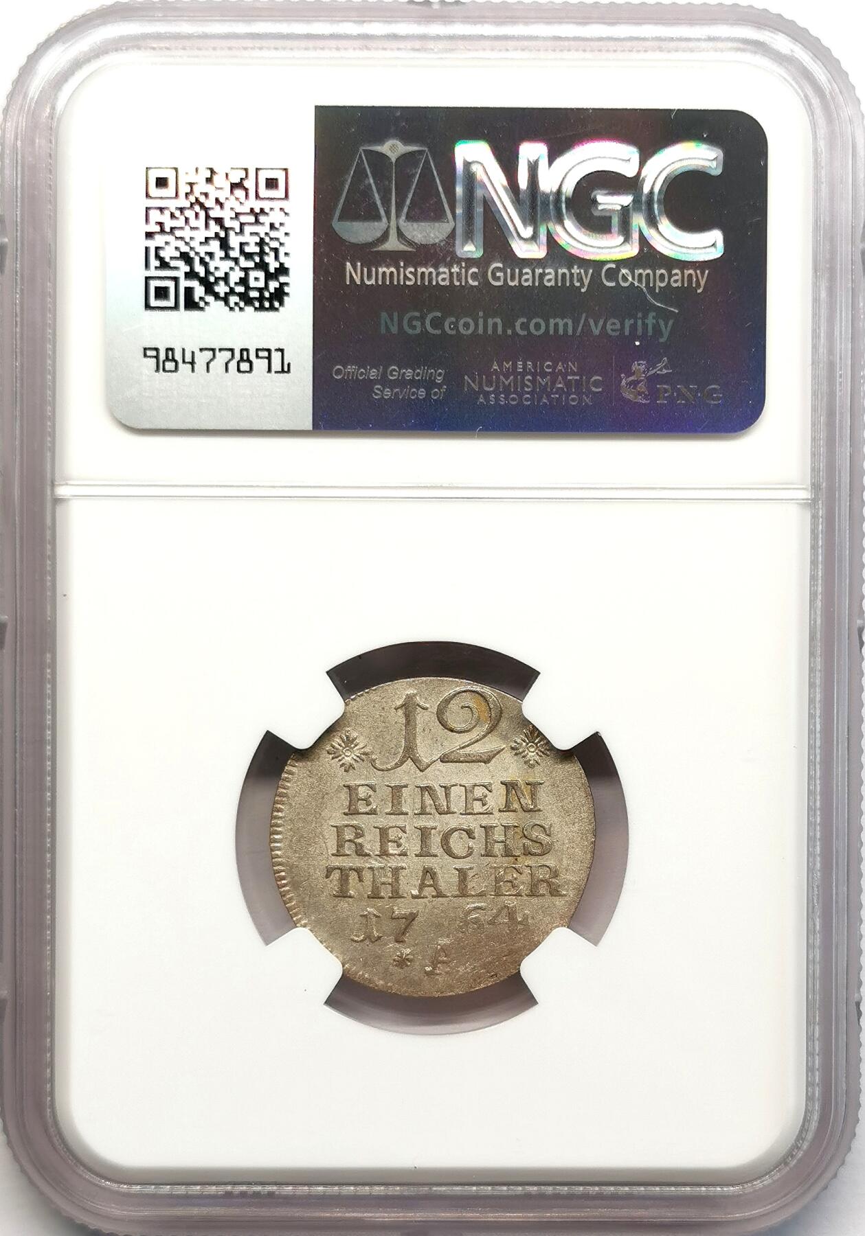 凡希社世界钱币微拍第二百七十三期 1764A德国普鲁士头像版1/12泰勒NGC-MS64，原银光收藏级！