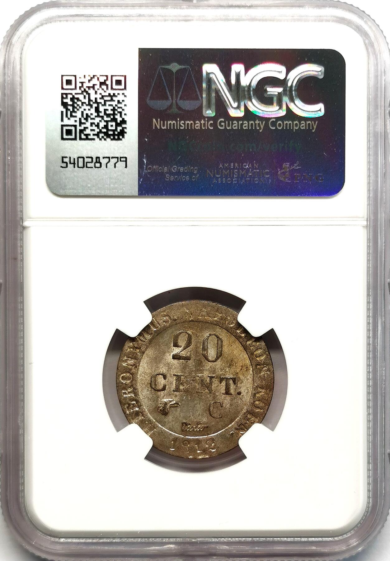 凡希社世界钱币微拍第二百七十三期 1812C威斯特伐利亚20分银币NGC-MS64，银层完美，极品品相！