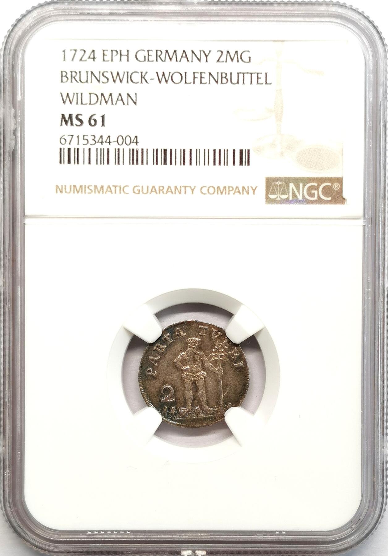 凡希社世界钱币微拍第二百七十三期 1725布伦瑞克-沃芬伯特野人2MG银辅币NGC-MS61