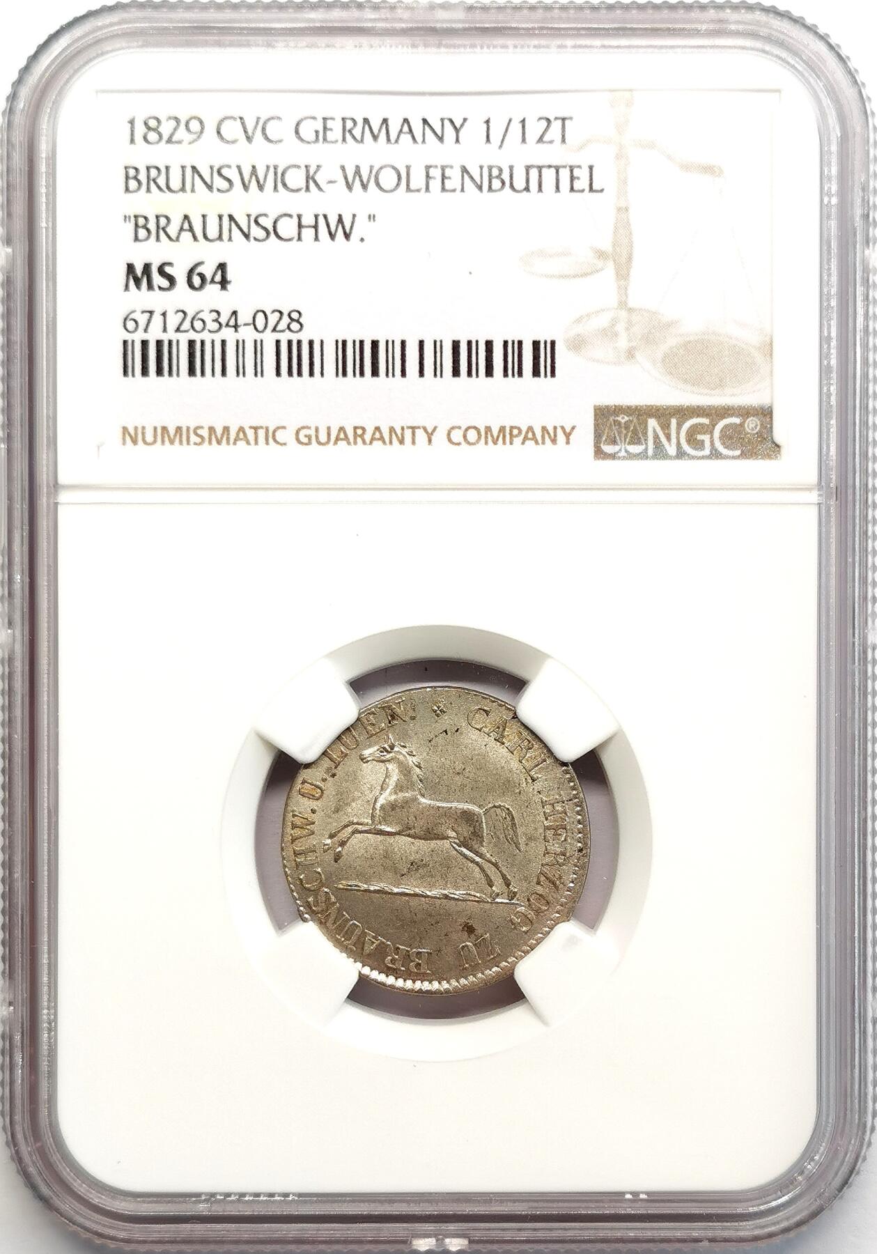 凡希社世界钱币微拍第二百七十三期 1829布伦瑞克-沃芬伯特飞马1/12泰勒NGC-MS64，罕见的原光品相！