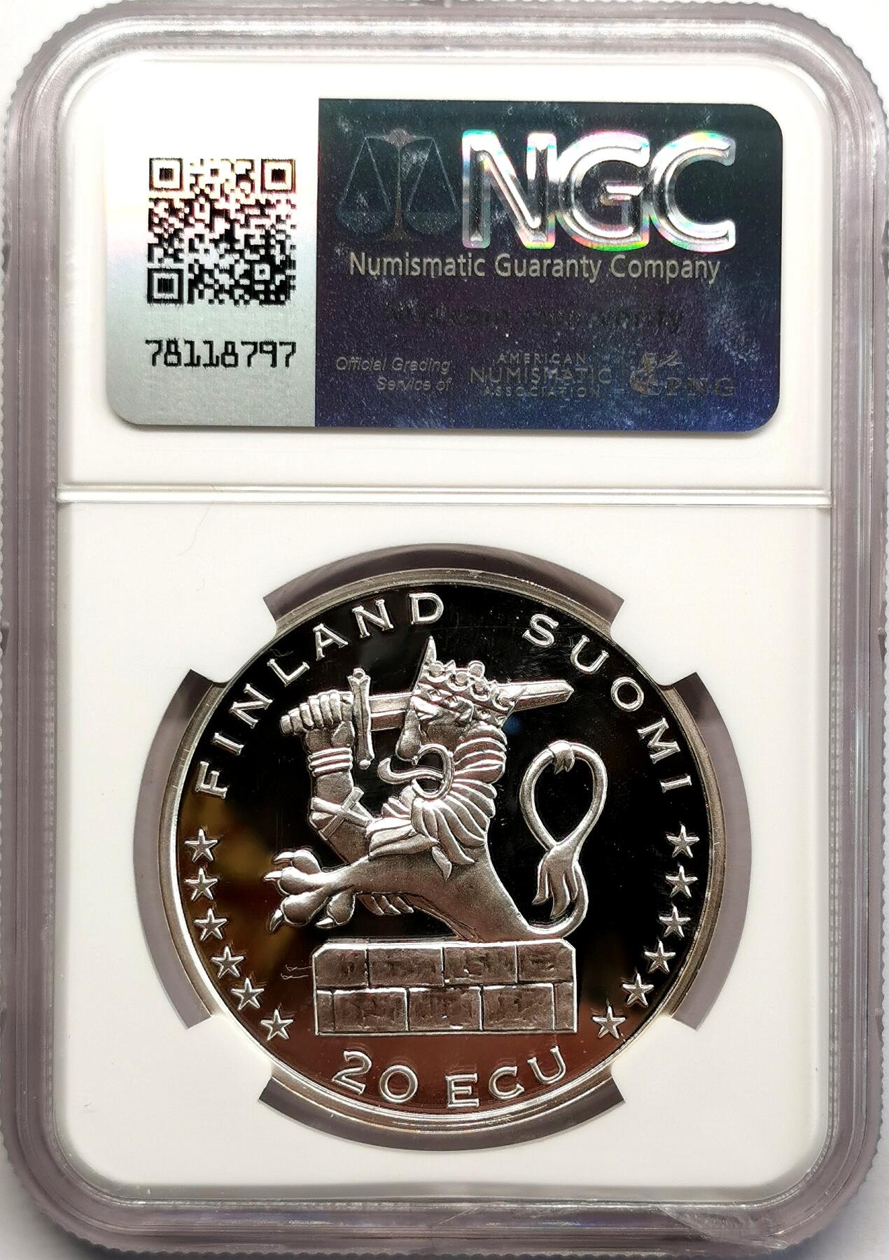 凡希社世界钱币微拍第二百七十三期 1996芬兰汉萨港口纪念20埃居银币NGC-PF69UC