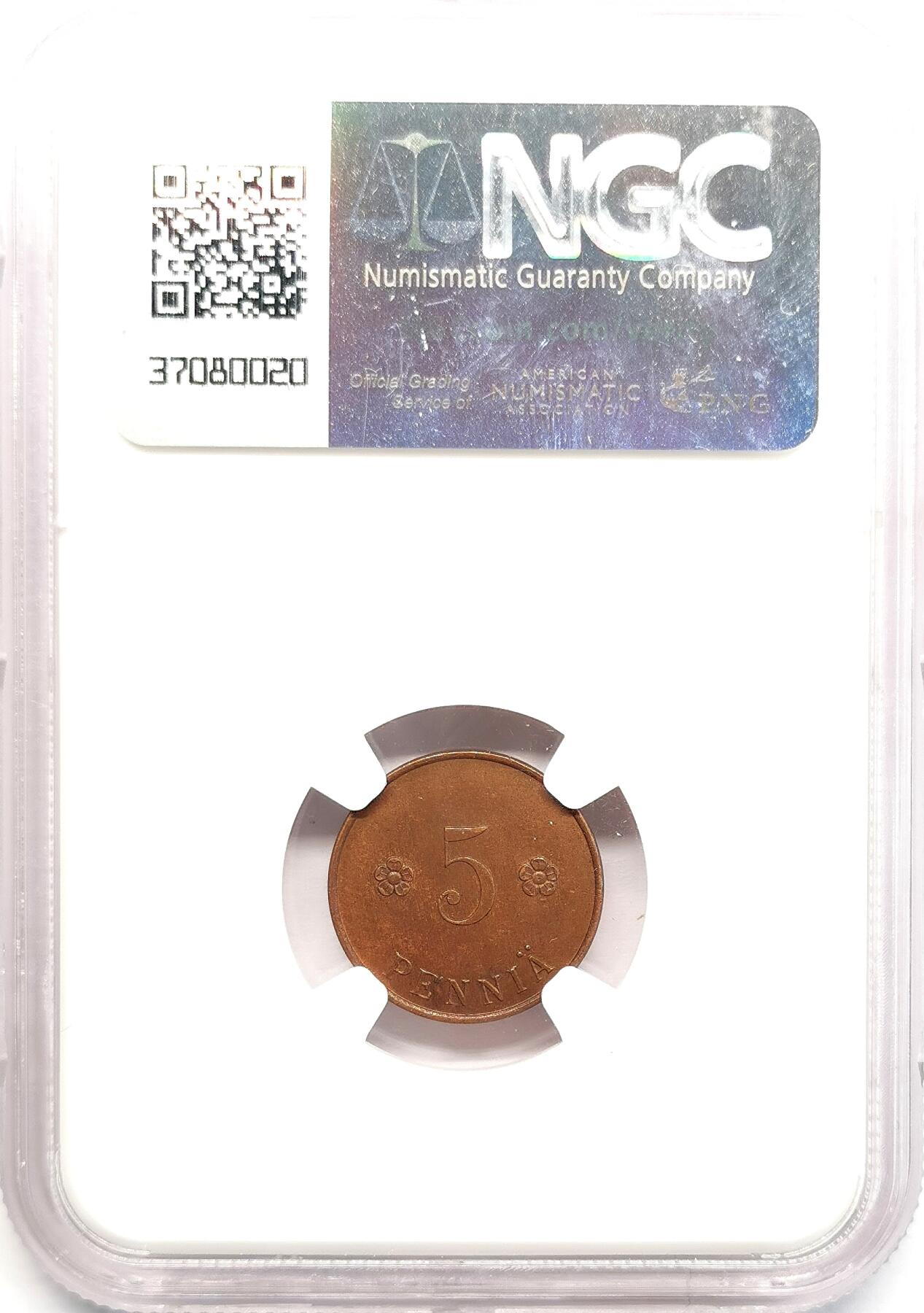 凡希社世界钱币微拍第二百七十三期 1918芬兰内战小喇叭5盆尼NGC-MS63铜光极佳！