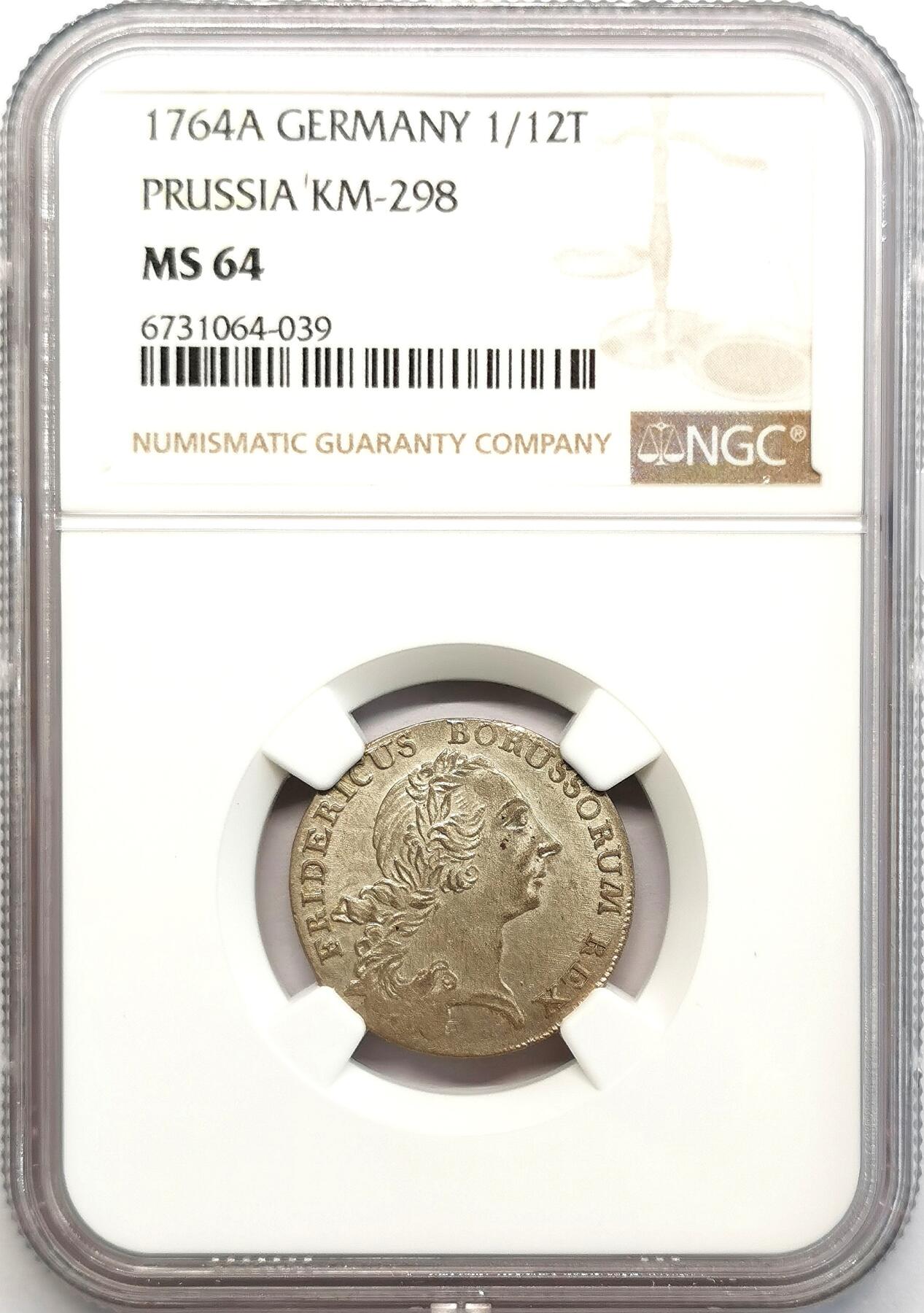 凡希社世界钱币微拍第二百七十三期 1764A德国普鲁士头像版1/12泰勒NGC-MS64，原银光收藏级！