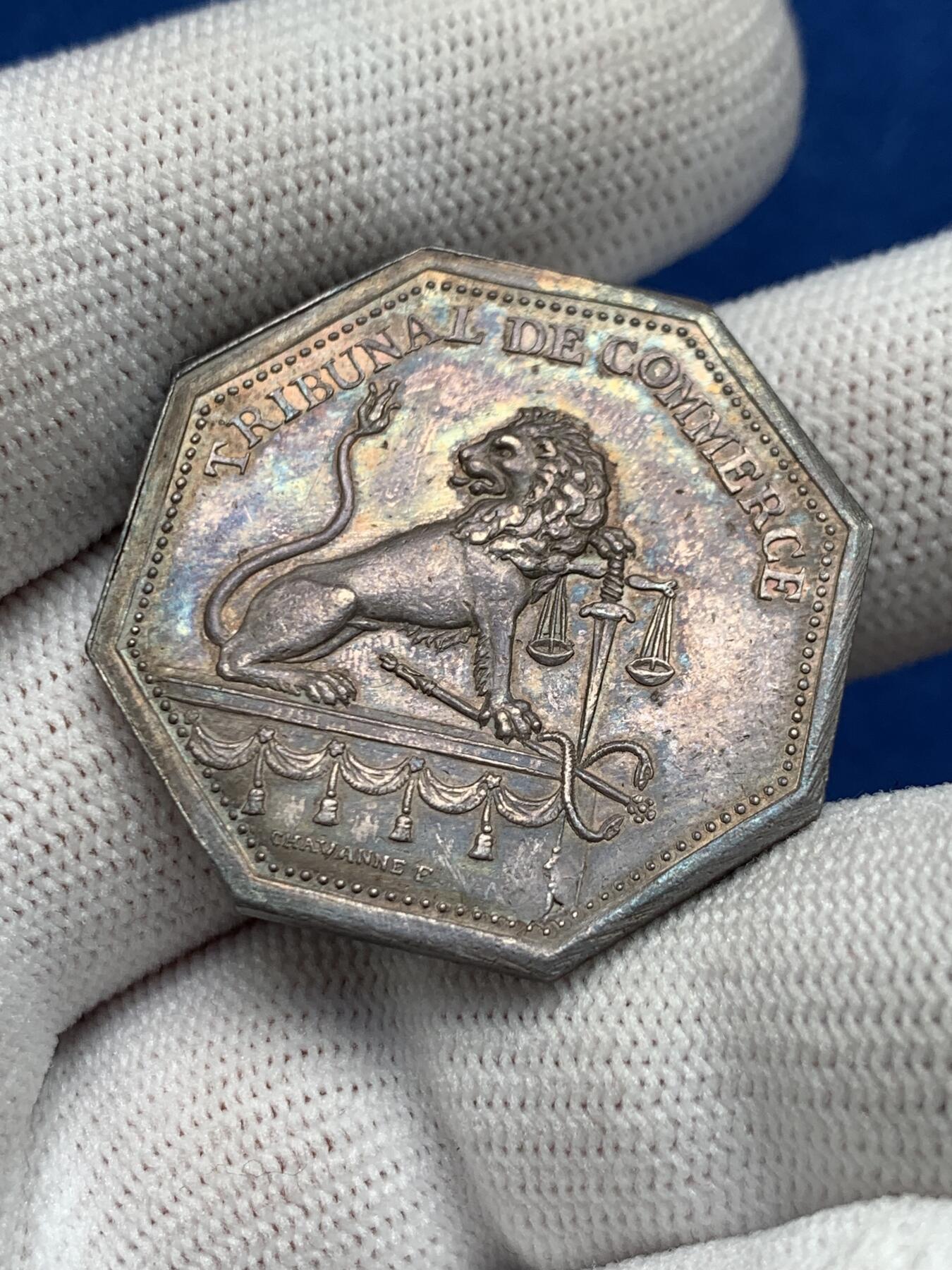 《竞宝斋》第281场- 周日，周一 ，周二3场连拍 （全场包邮） 法国JETON银质八角，里昂商事法庭，直径32.8毫米，重16.42克，边铭：早期光边