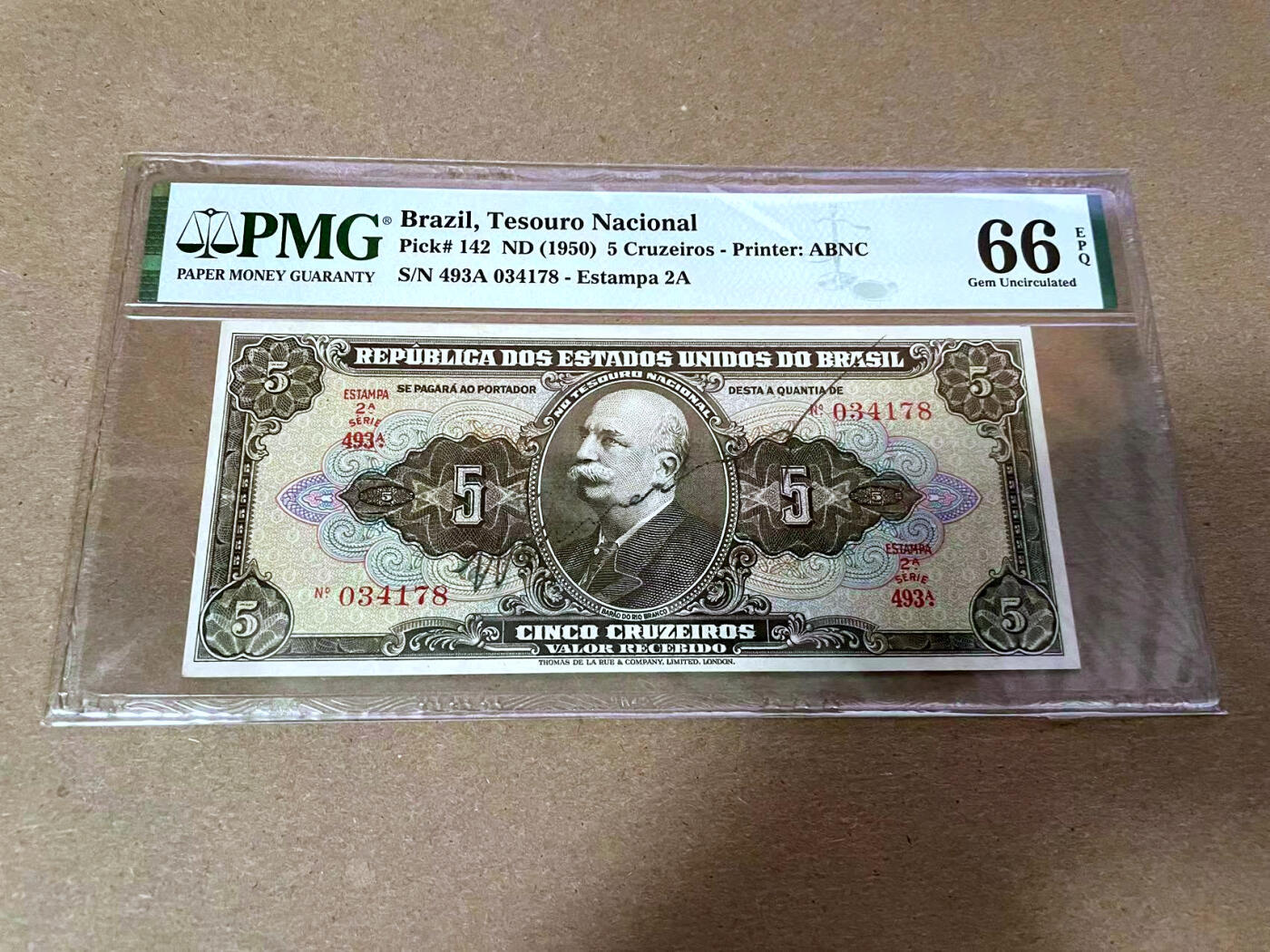 【Blue Auction】✨世界纸币精拍第492期【精】  【手签版】巴西 1950年5克鲁塞罗 PMG66EPQ 