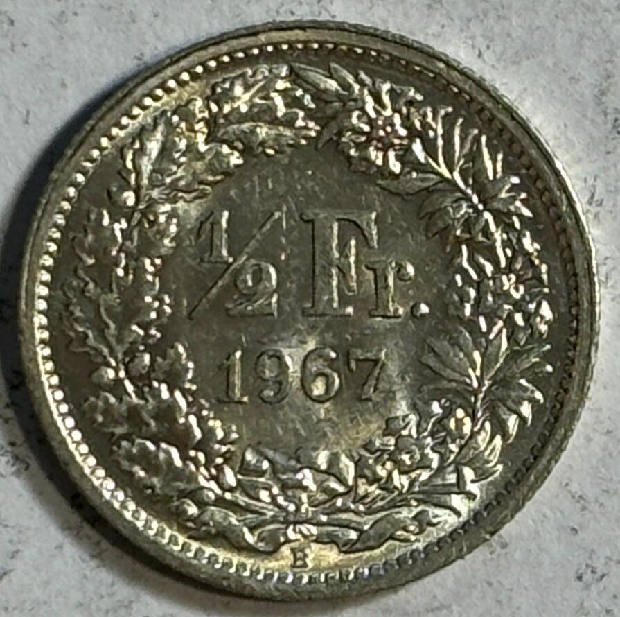 紫瑗钱币——第384期拍卖 瑞士 1967年 B版 赫尔维蒂女神 1/2法郎 2.5克 0.835银 UNC