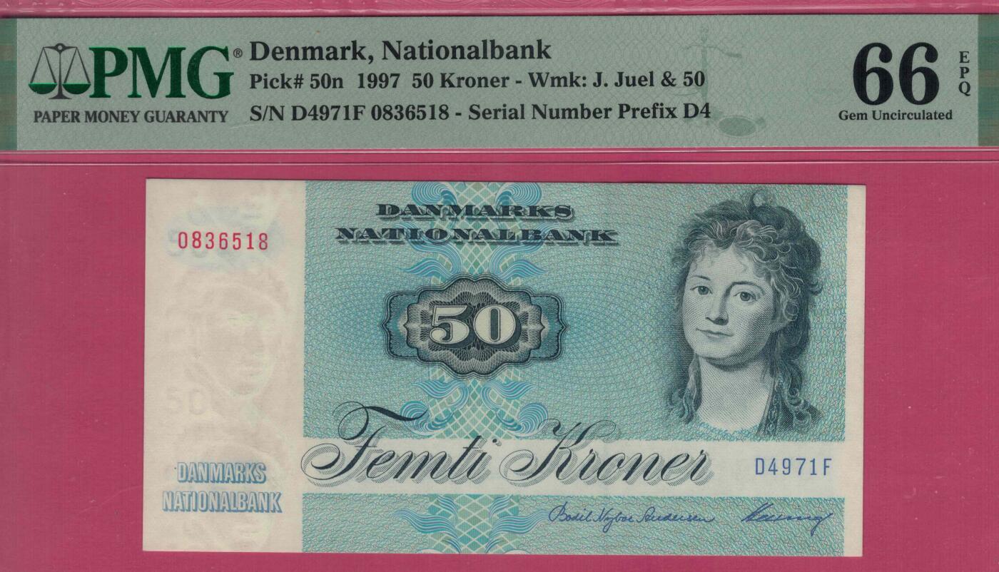 丹麦1997年50克朗 P-50n 尾8 签名少 欧洲纸币 实物图 UNC