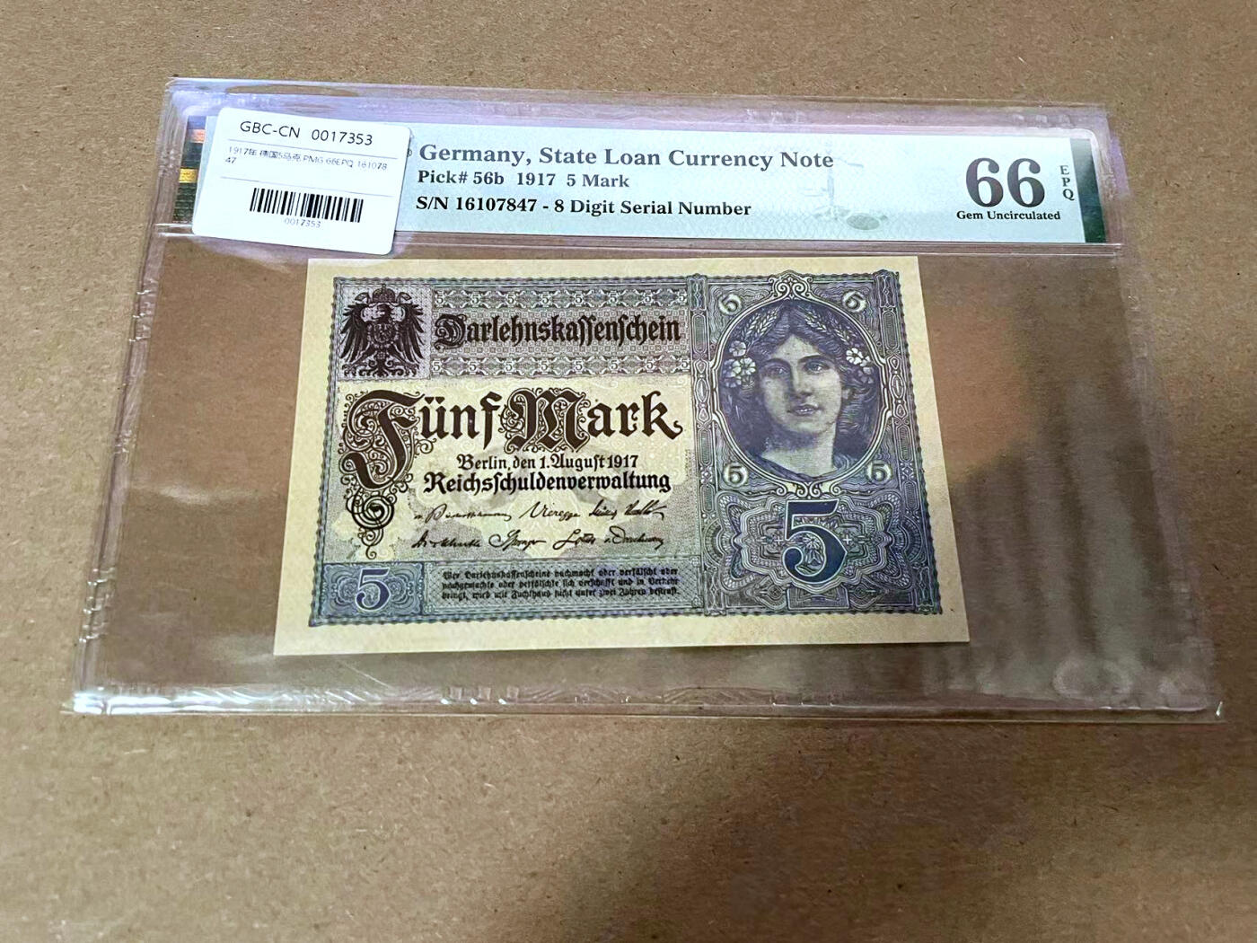 【Blue Auction】✨世界纸币精拍第492期【精】 德国 1917年5马克 PMG66EPQ 