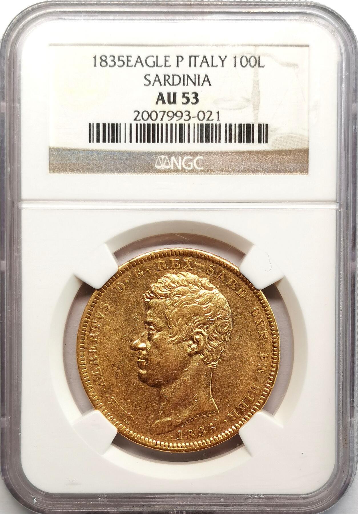 凡希社世界钱币微拍第二百七十三期 1835E萨丁王国100里拉大金NGC-AU53，32.25g，900金，相当稀见的金币品种！
