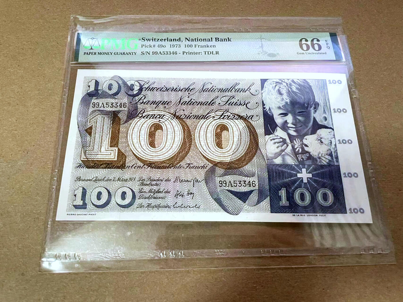 【Blue Auction】✨世界纸币精拍第492期【精】 【A冠】瑞士 1973年100法郎 圣马丁割袍 大票幅 PMG66EPQ 