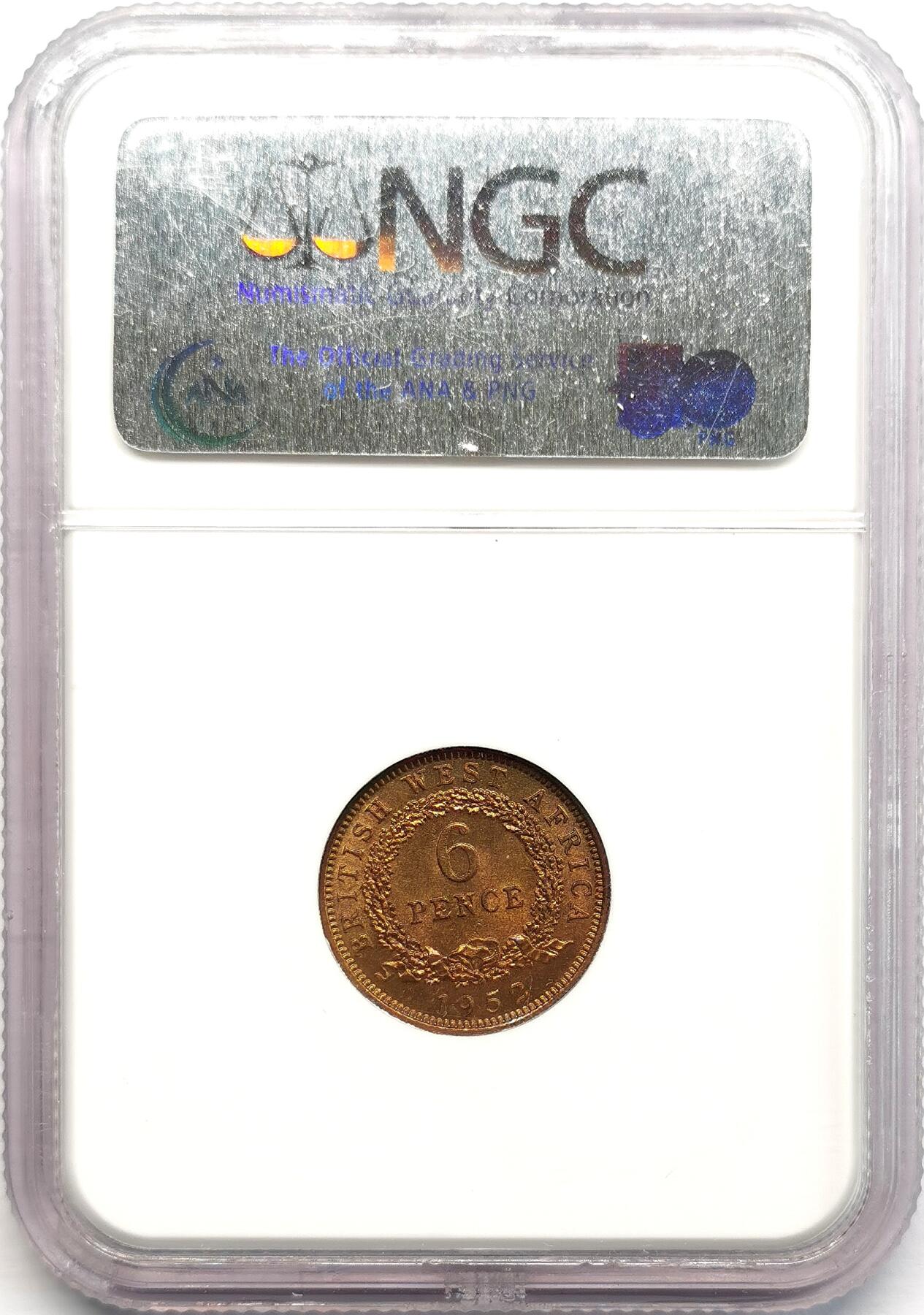 凡希社世界钱币微拍第二百七十三期 1952英属西非乔六6便士NGC-MS62仅铸造267枚！