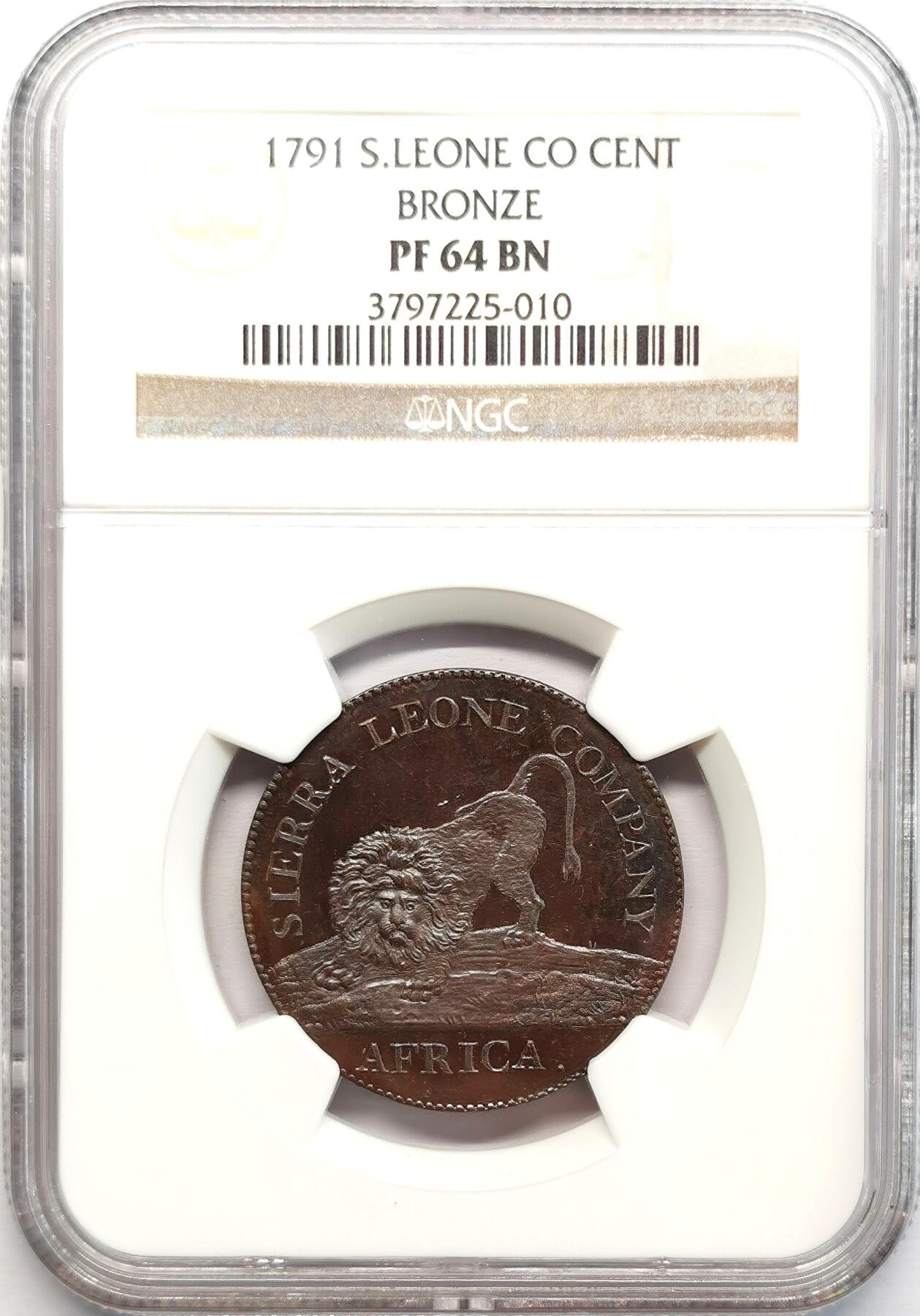 凡希社世界钱币微拍第二百七十三期 荐！1791塞拉利昂狮子饮水1分铜币精铸NGC-PF64BN，殖民地经典款，SOHO铸造！