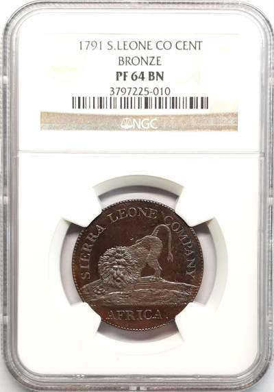 凡希社世界钱币微拍第二百七十三期 - 荐！1791塞拉利昂狮子饮水1分铜币精铸NGC-PF64BN，殖民地经典款，SOHO铸造！