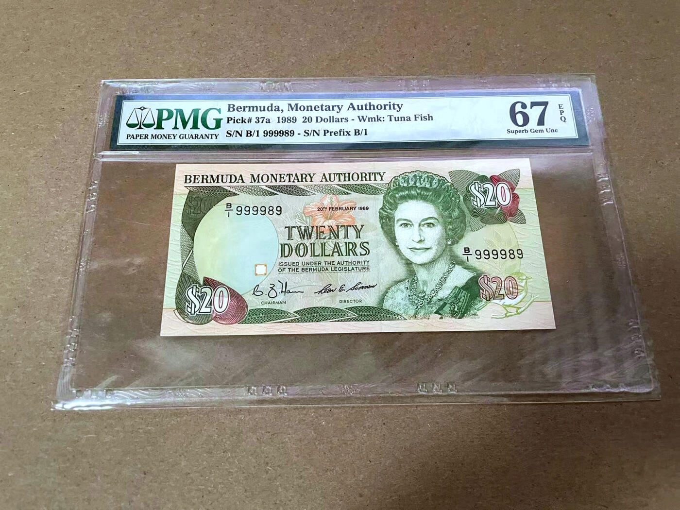 【Blue Auction】✨世界纸币精拍第492期【精】 【首发冠近全同9 倒置号】百慕大 1989年20元 女王 PMG67EPQ 高分