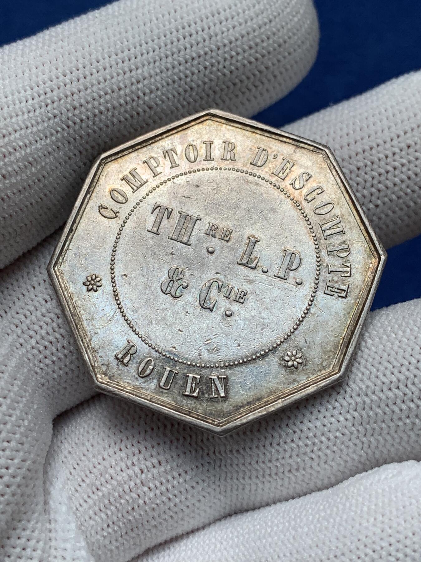 《竞宝斋》第281场- 周日，周一 ，周二3场连拍 （全场包邮） 1854年法国鲁昂商业贸易公司八角代用银币，36mm，18.89克，右手指边铭（1845-1860年）