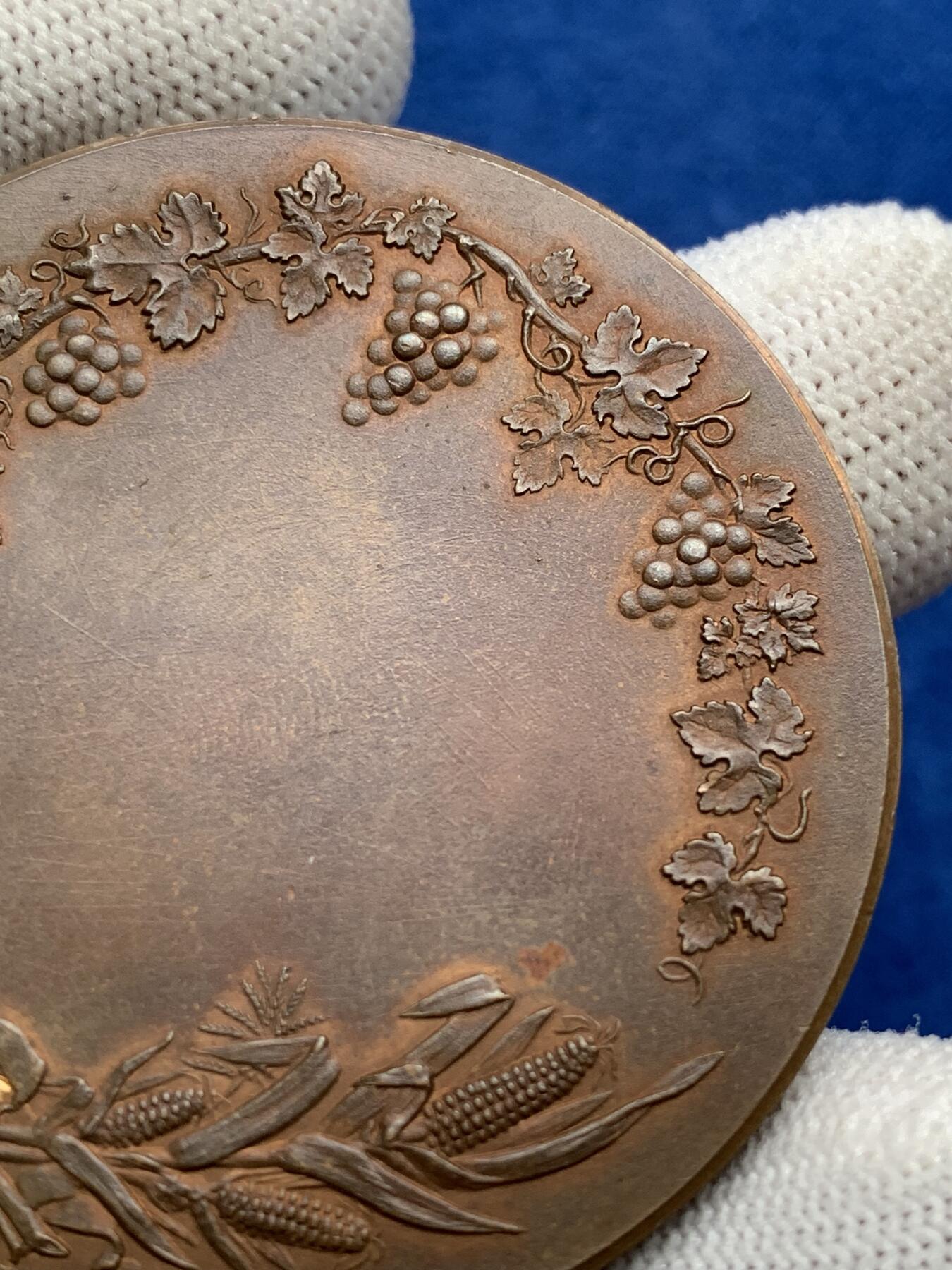 《竞宝斋》第281场- 周日，周一 ，周二3场连拍 （全场包邮） 法国塞纳省瓦兹农业园艺展铜章，62.06g，50.6mm，丰饶角+BRONZE铜标