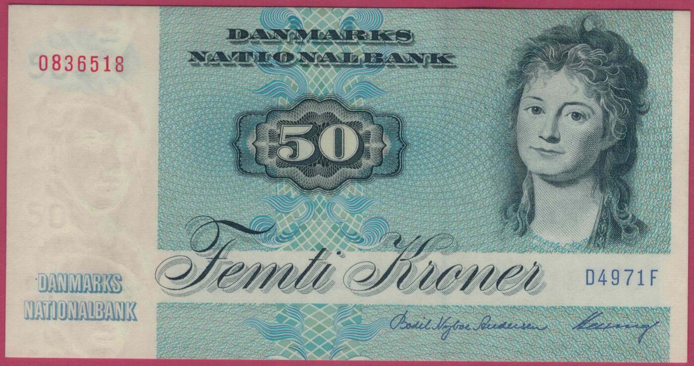 丹麦1997年50克朗 P-50n 尾8 签名少 欧洲纸币 实物图 UNC