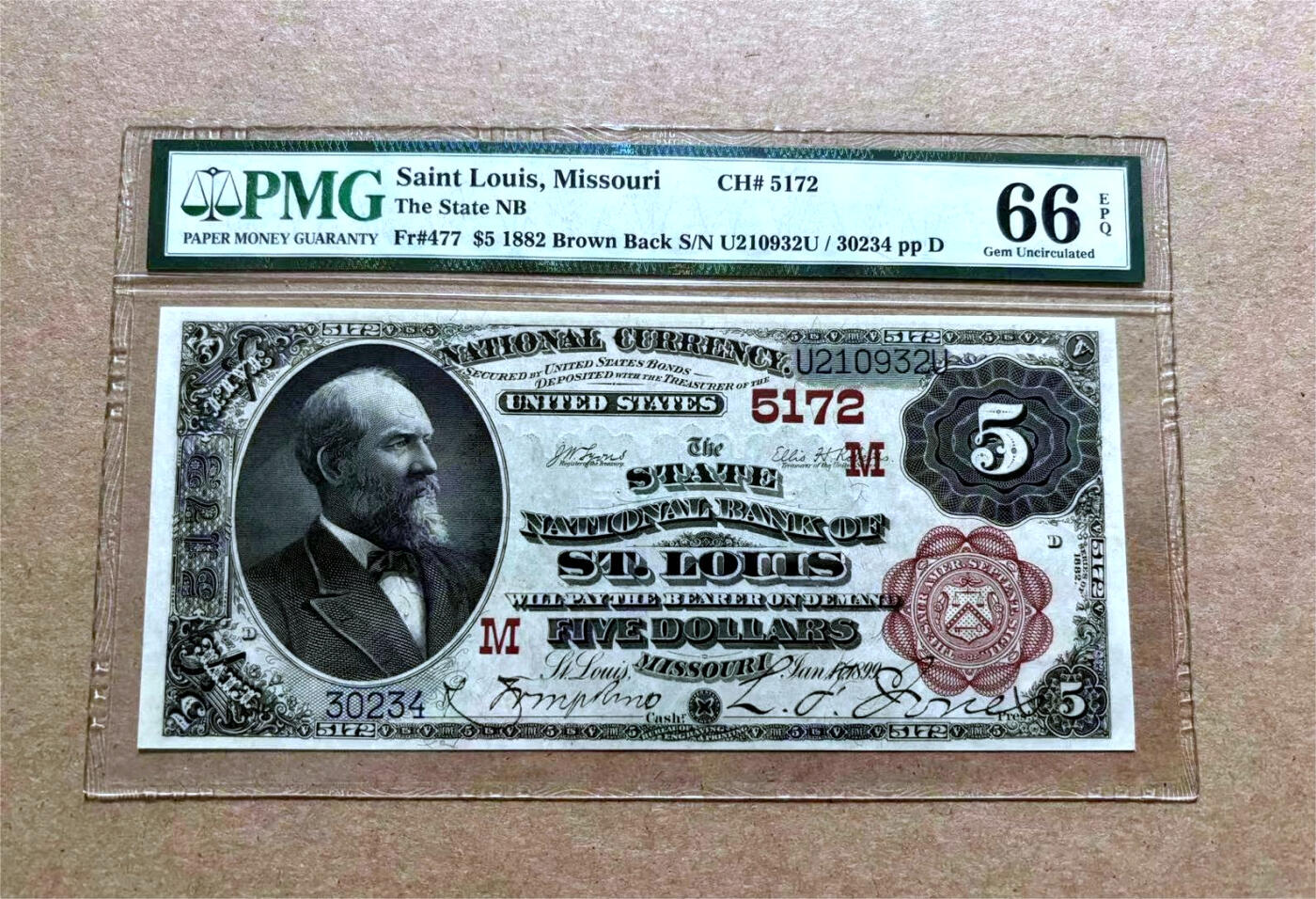 【Blue Auction】✨世界纸币精拍第492期【精】   【红库印冠军分】美国 1882年5美金 美国第20任总统詹姆斯·艾伯拉姆·加菲尔德 PMG66EPQ 顶级高分 凹凸感佳 人像雕刻极致 尤其是胡子 极具威严气势 老壳子 升值品种值得收藏