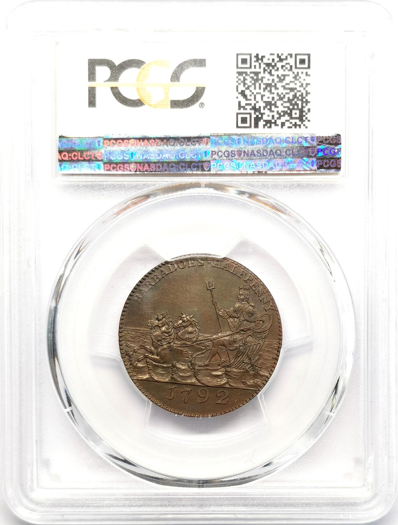 凡希社世界钱币微拍第二百七十三期 荐！1792巴巴多斯海神1/2便士铜币精铸PCGS-PR63BR