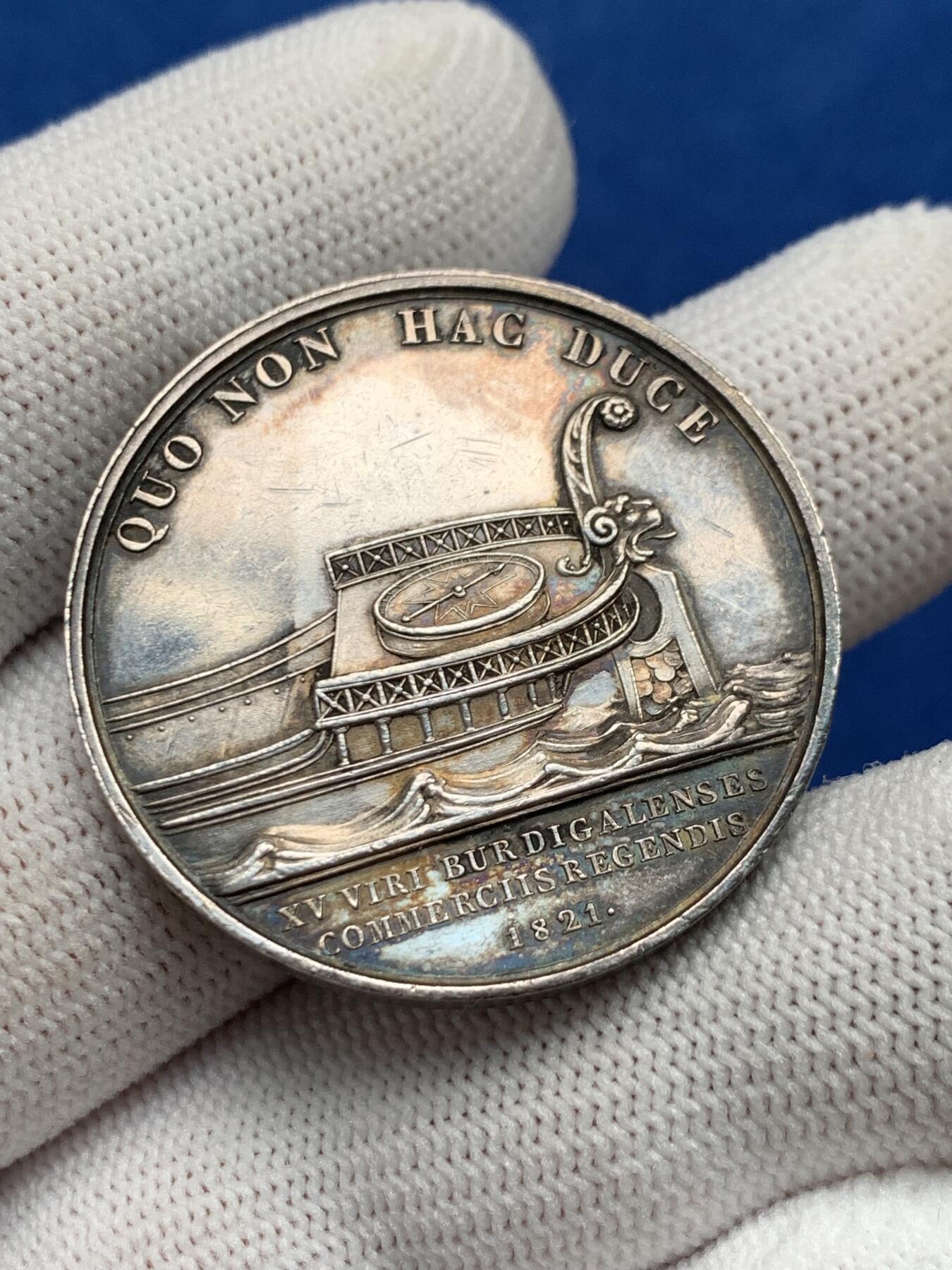 《竞宝斋》第281场- 周日，周一 ，周二3场连拍 （全场包邮） 法国路易十八头像波尔多商会银质jeton，21.78g，35mm，早期无边铭